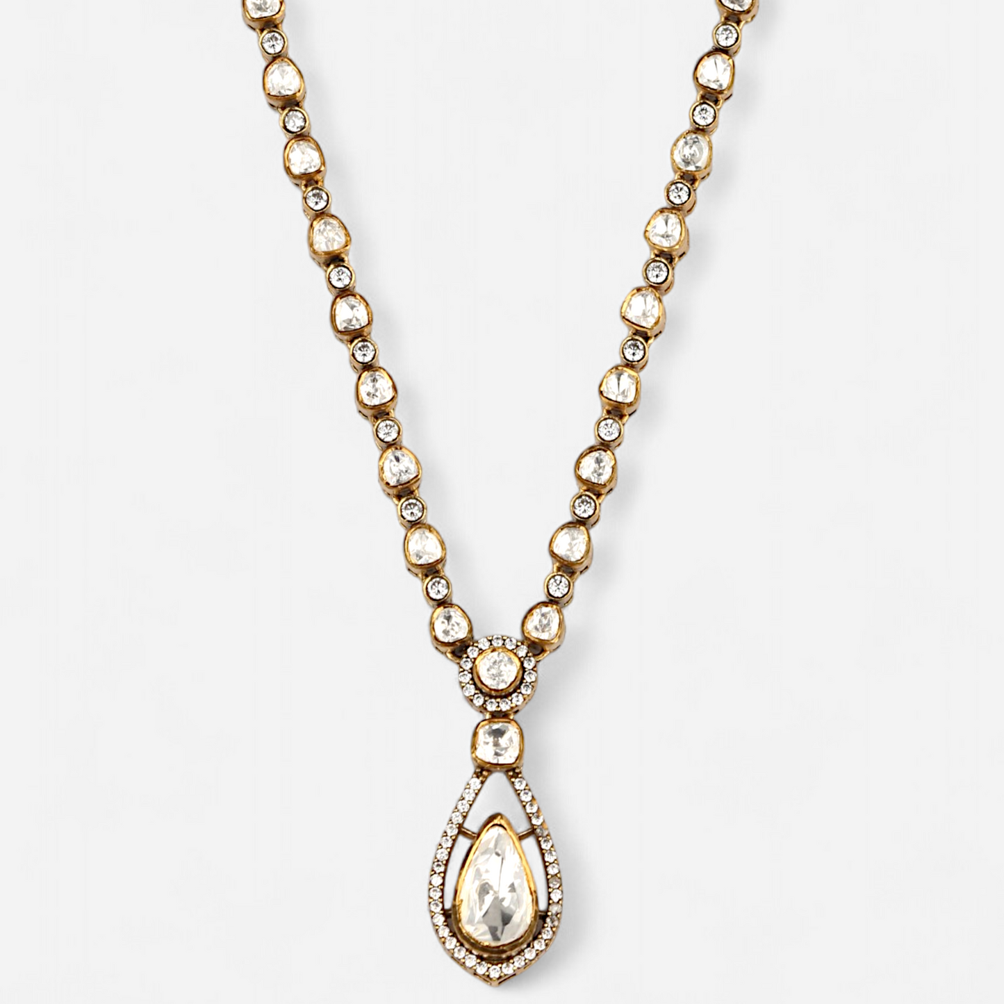 Arka Jaipur Dewdrop necklace with pear-shaped polki pendant and moissanite-studded gold-plated chain