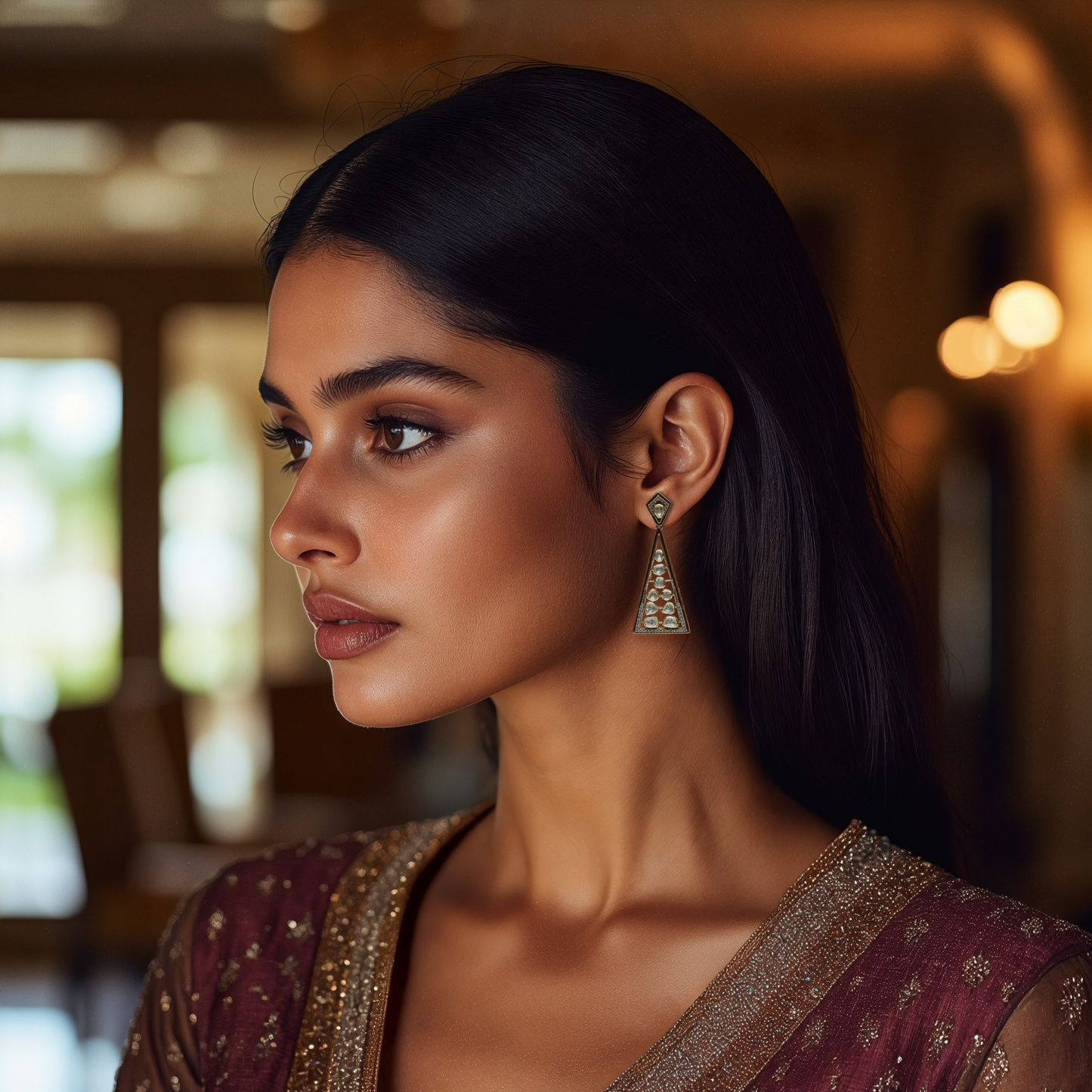 Geometric Grace earrings by Arka Jaipur – triangular moissanite-studded silver earrings with gold and enamel detailing.