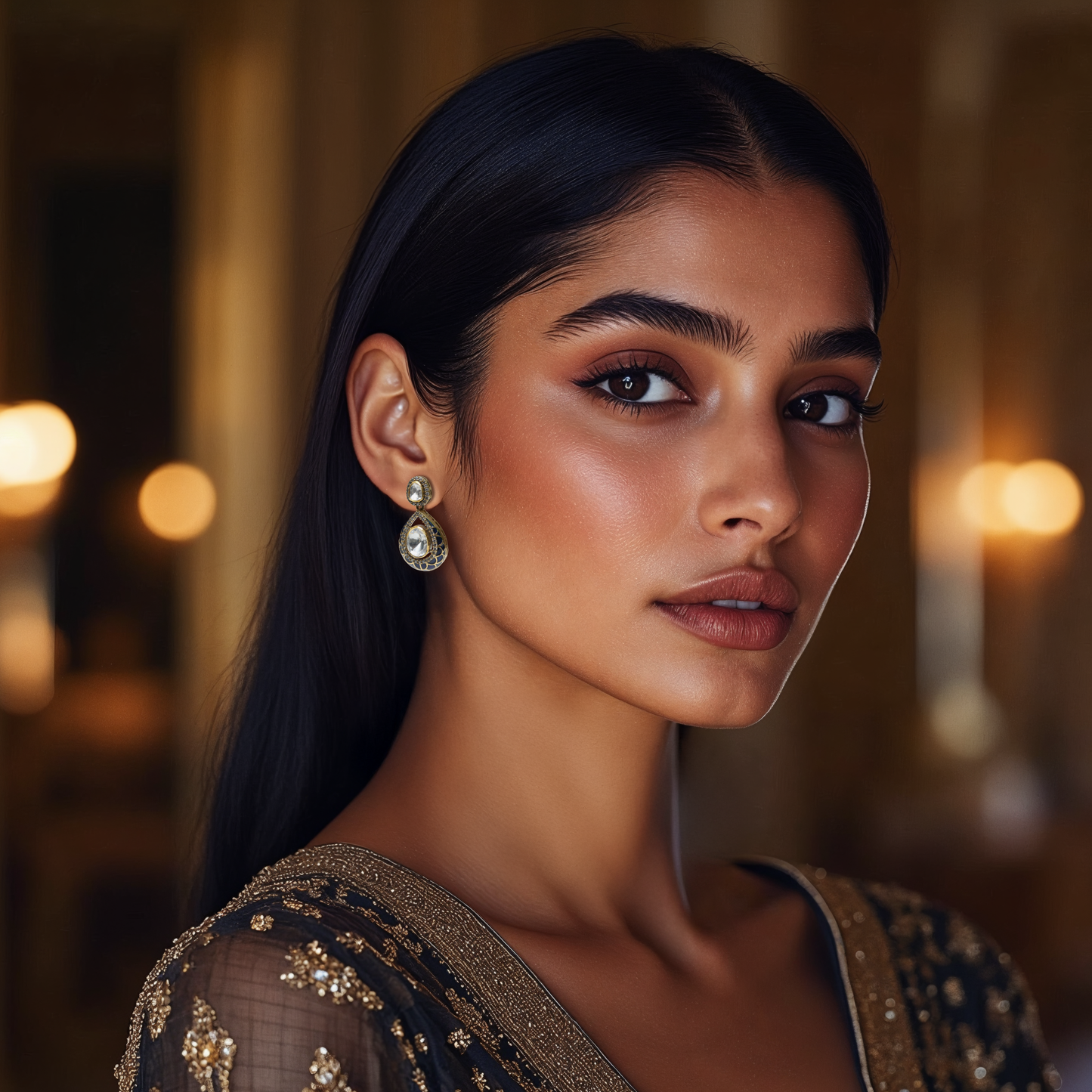 Midnight Treasure earrings by Arka Jaipur – teardrop-shaped moissanite earrings with navy blue enamel, gold latticework, and stone halo.