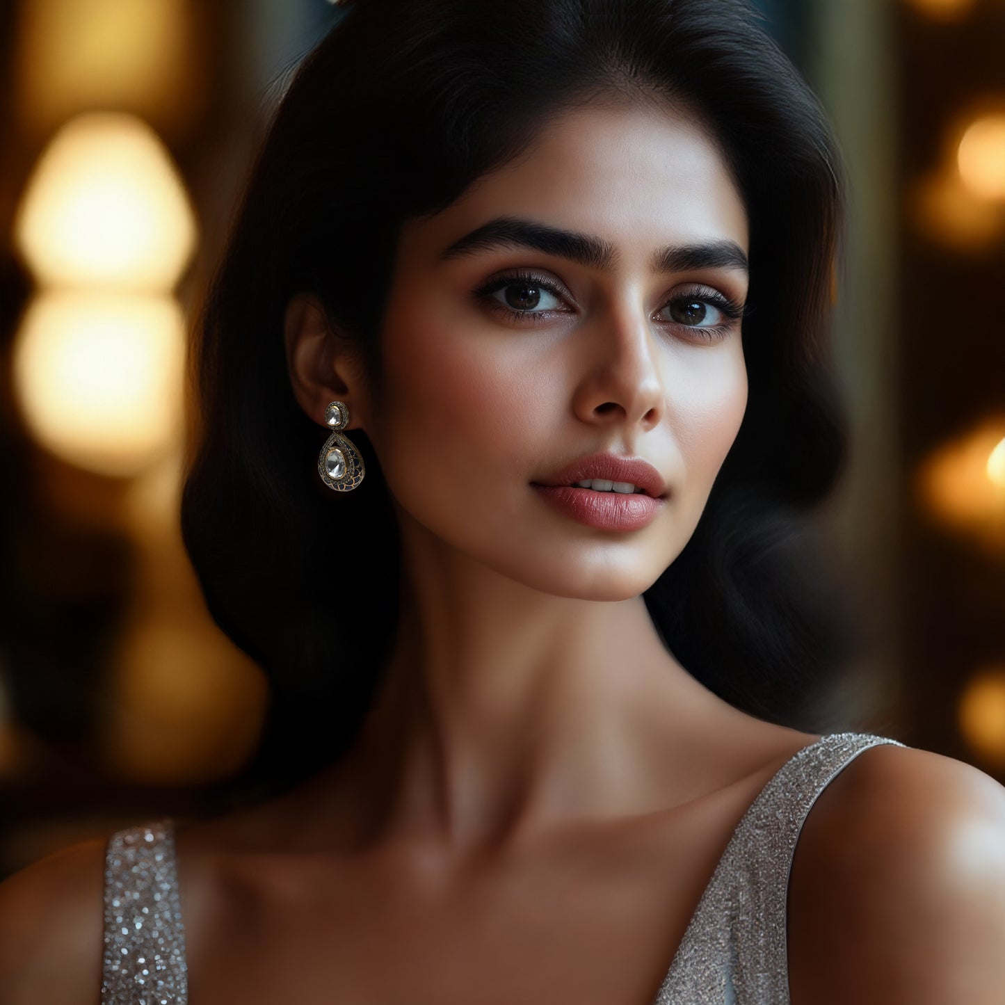 Midnight Treasure earrings by Arka Jaipur – teardrop-shaped moissanite earrings with navy blue enamel, gold latticework, and stone halo.