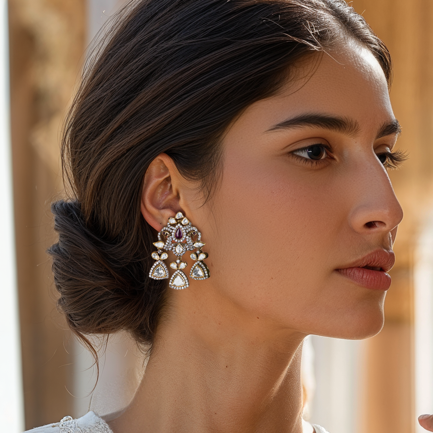 Mor Maharani gold-plated statement earrings by Arka Jaipur featuring moissanite stones, intricate peacock-inspired design, and traditional Indian craftsmanship – perfect for weddings and festive occasions.