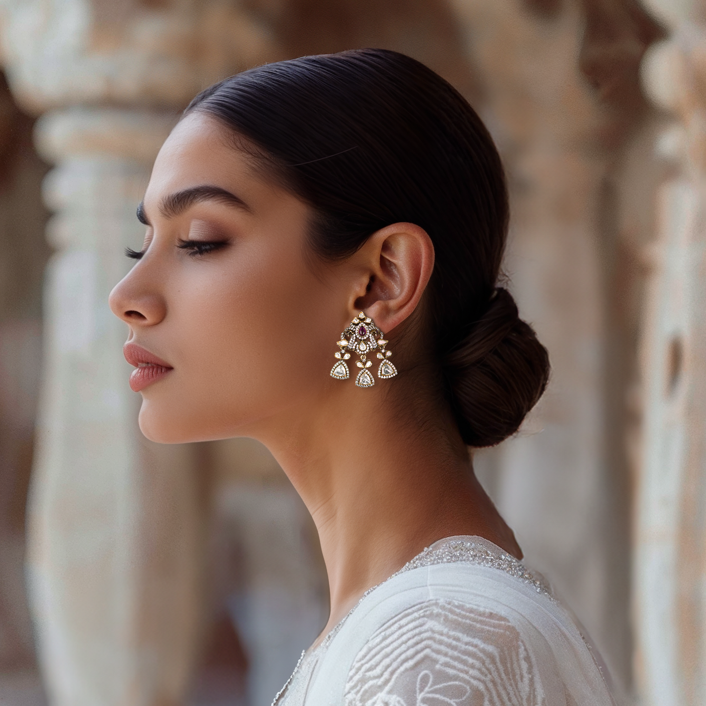 Mor Maharani gold-plated statement earrings by Arka Jaipur featuring moissanite stones, intricate peacock-inspired design, and traditional Indian craftsmanship – perfect for weddings and festive occasions.