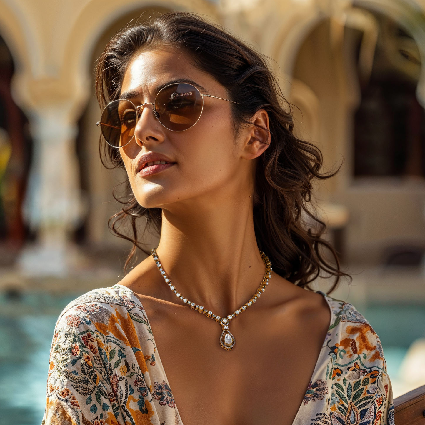 Arka Jaipur Dewdrop necklace with pear-shaped polki pendant and moissanite-studded gold-plated chain