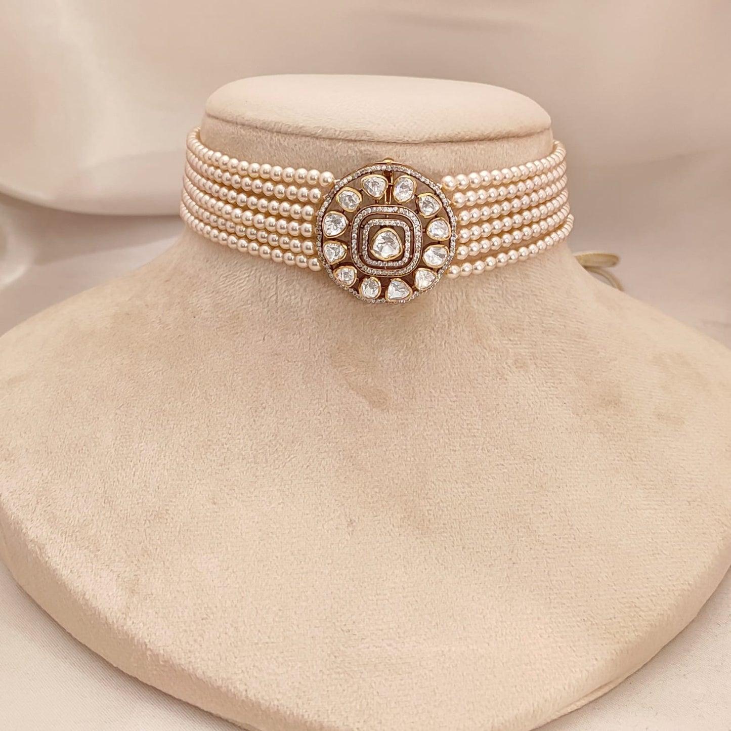 “Elegant handcrafted Maharani Luxe pearl choker necklace with round Kundan Polki centerpiece and layered pearl strands by Arka Jaipur — luxury silver jewelry with royal charm.