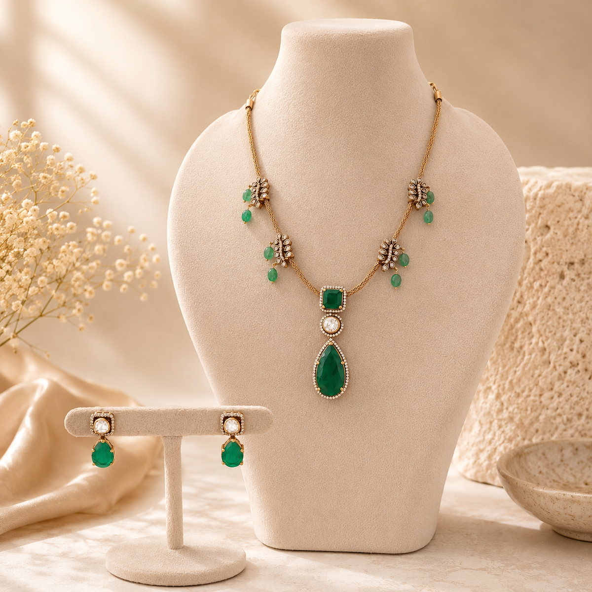 Emerald Dewdrop necklace and earrings set by Arka Jaipur featuring emerald green gemstones, a teardrop pendant.