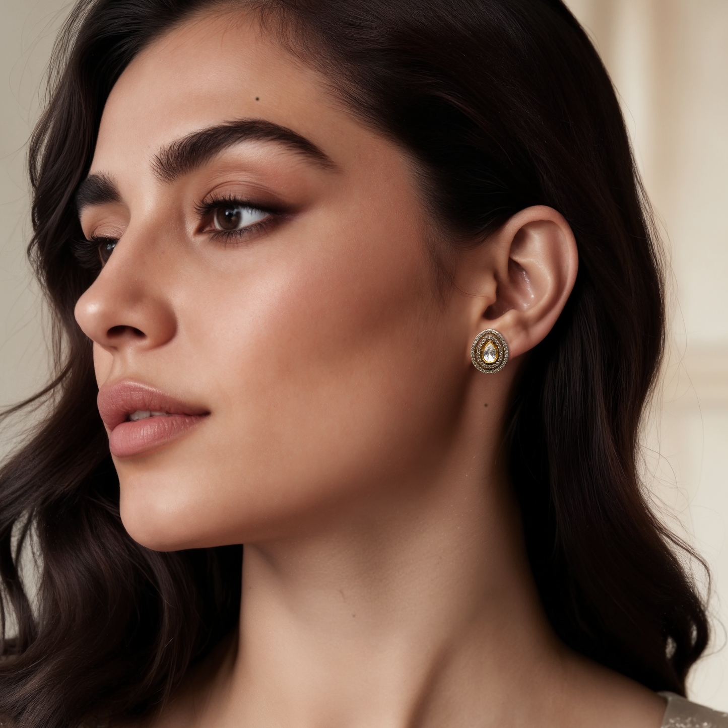 Ethereal Drop Studs by Arka Jaipur – triple halo teardrop moissanite earrings in gold-plated silver.