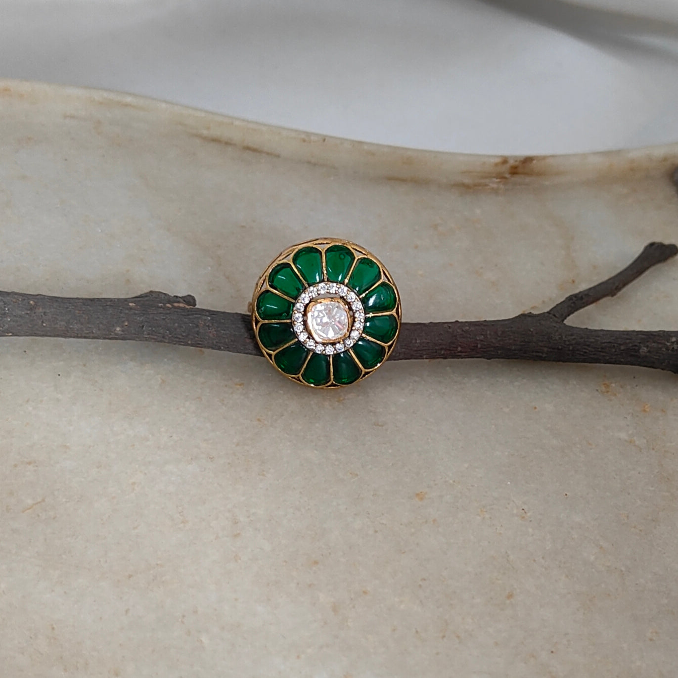 Green enamel floral Gulnar Ring with Polki center stone and crystal halo, set in gold-tone finish in 925 sterling silver, handcrafted traditional design by Arka Jaipur.