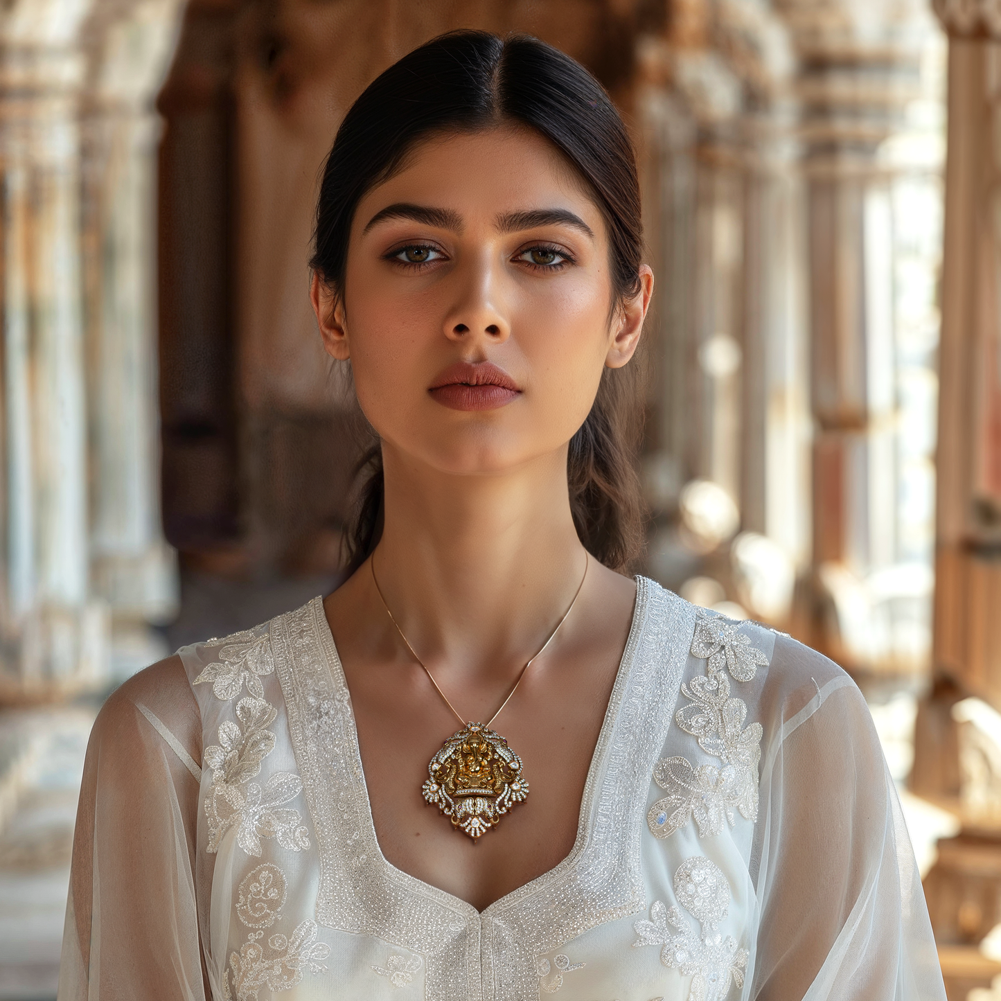 Discover the Iraj Pendant by Arka Jaipur – a handcrafted masterpiece in gold-plated 925 silver featuring Lord Ganesha, adorned with moissanite and kundan stones. A divine blend of tradition and elegance, perfect for festive and bridal occasions.