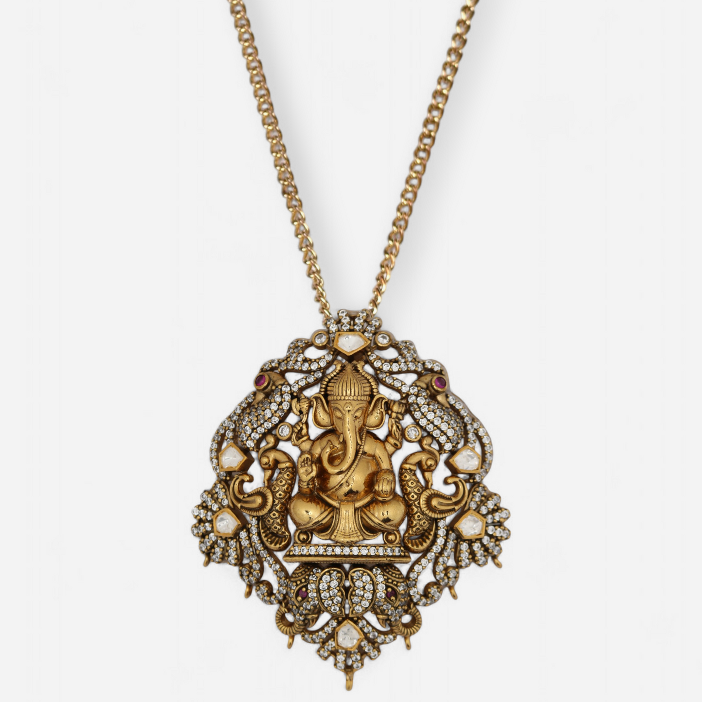 Gold-plated silver pendant featuring Lord Ganesha idol, studded with moissanite and kundan stones, designed by Arka Jaipur.