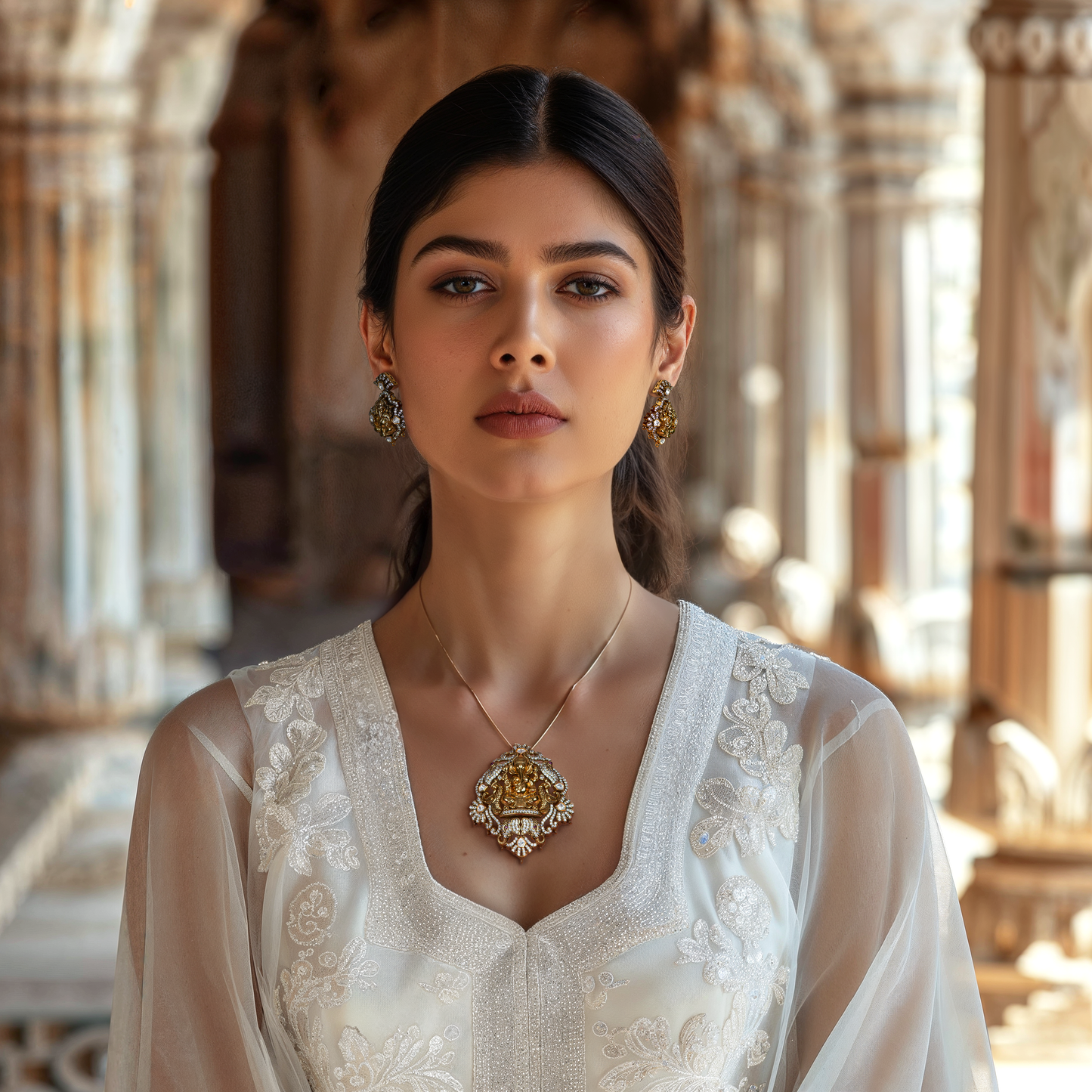 Elevate your traditional look with the Iraj Pendant Set by Arka Jaipur. Handcrafted in gold-plated 925 silver, this exquisite set features a Lord Ganesha motif embellished with moissanite and kundan stones. Perfect for festive, bridal, and spiritual occasions.
