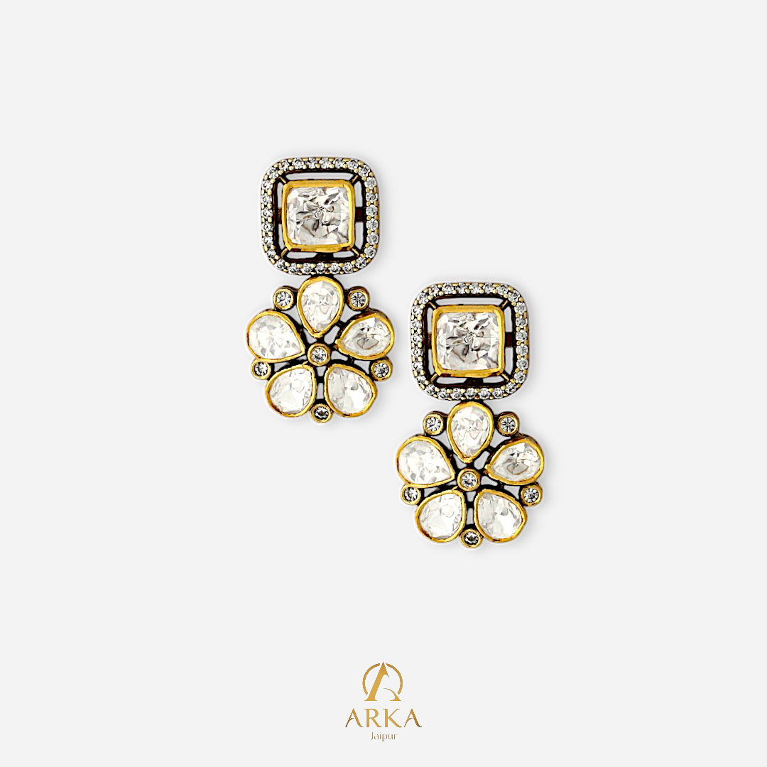 Lumiere Bloom Earrings by Arka Jaipur – floral kundan-style earrings with moissanite sparkle on gold-plated base