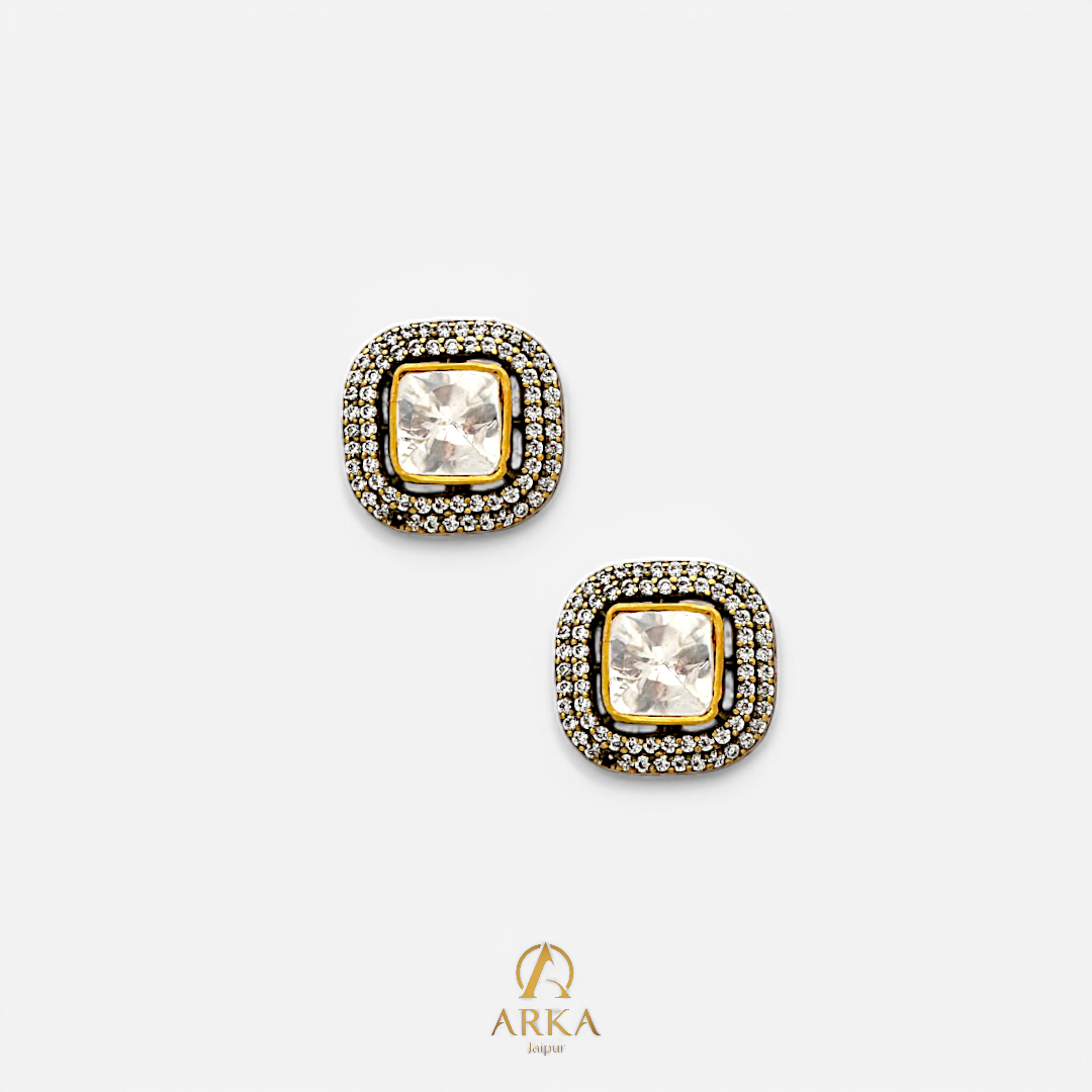Luminous Halo Earrings by Arka Jaipur – cushion-cut moissanite studs with double halo in gold-plated silver
