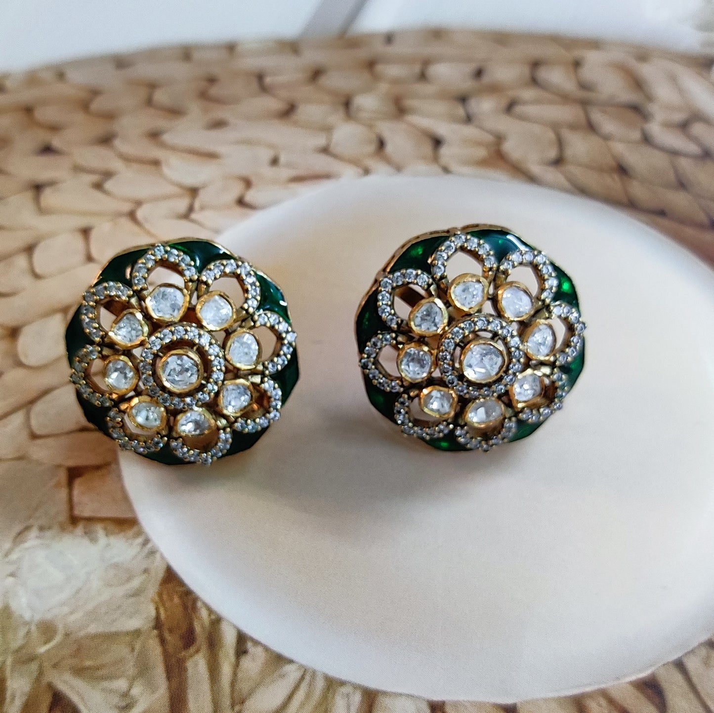 Mystical Mandala Earrings | Moissanite & CZ Enamel Studs by Arka Jaipur, eaturing floral mandala design with moissanite stones, CZ diamond outline, and green enamel base in antique gold finish.