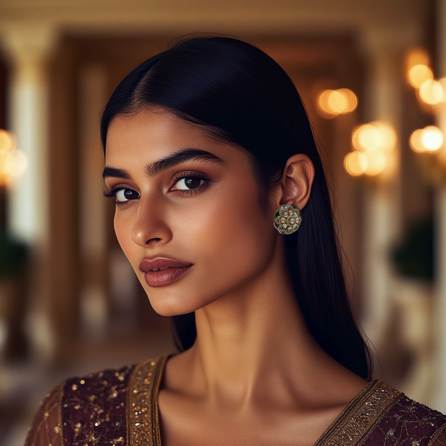 Mystical Mandala Earrings | Moissanite & CZ Enamel Studs by Arka Jaipur, featuring floral mandala design with moissanite stones, CZ diamond outline, and green enamel base in antique gold finish.