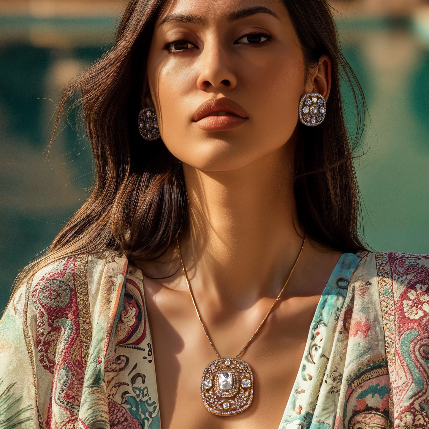 Arka Jaipur Stardust Dreams gold-plated pendant and earring set with kundan-style polki stones and floral crystal detailing