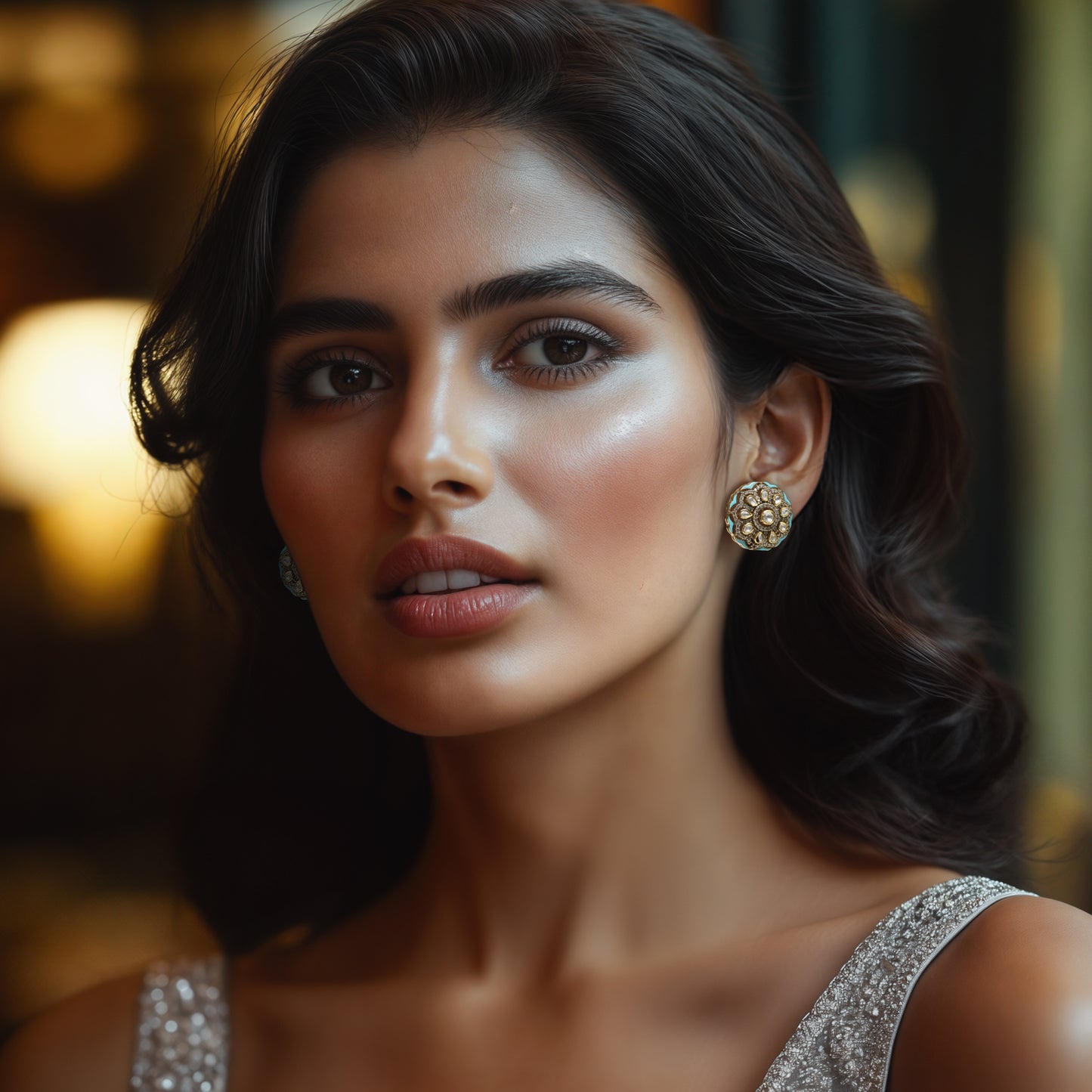 Oceanic Bloom Earrings | Designer Moissanite Polki & CZ Studs | Arka Jaipur Jewelry, handcrafted moissanite polki and CZ stud earrings with turquoise enamel detailing. Perfect for weddings, festive wear, and timeless elegance.