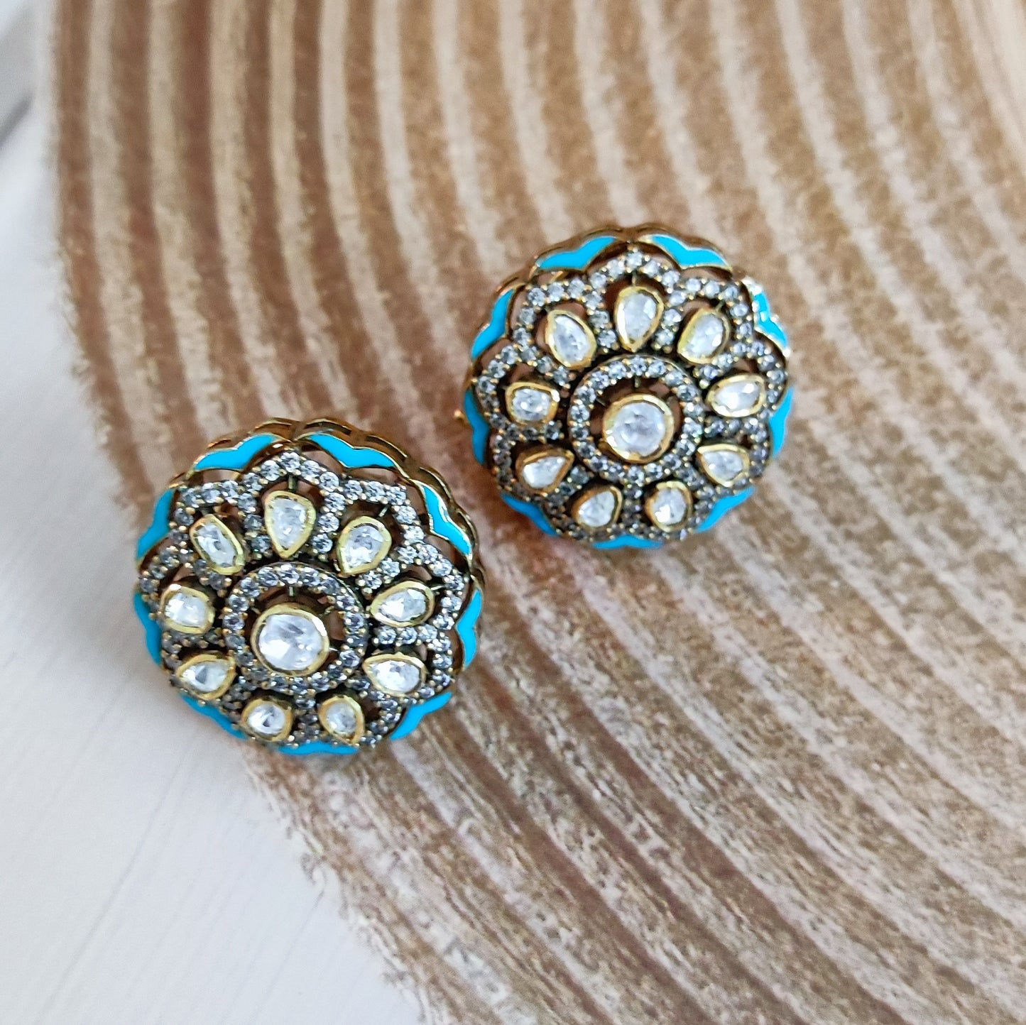 Oceanic Bloom Earrings | Designer Moissanite Polki & CZ Studs | Arka Jaipur Jewelry, handcrafted moissanite polki and CZ stud earrings with turquoise enamel detailing. Perfect for weddings, festive wear, and timeless elegance.