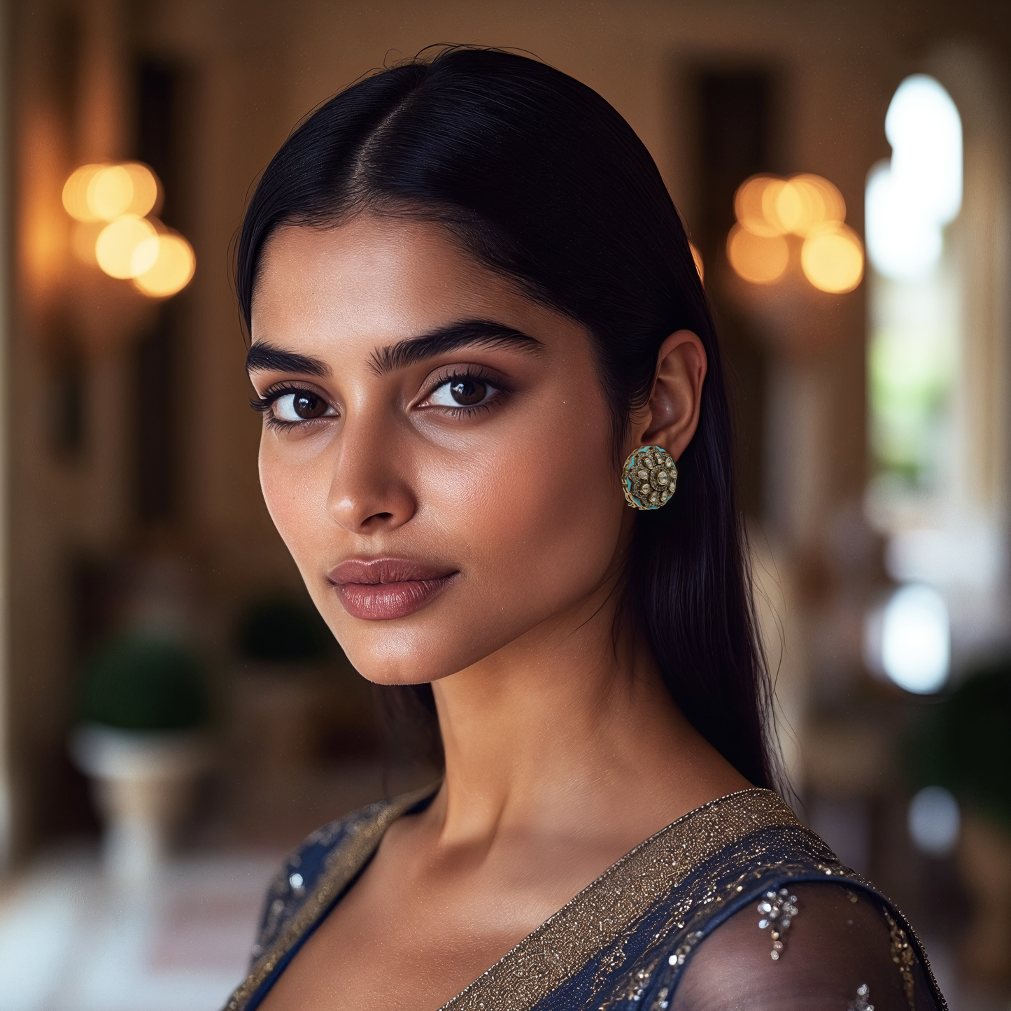 Oceanic Bloom Earrings | Designer Moissanite Polki & CZ Studs | Arka Jaipur Jewelry, handcrafted moissanite polki and CZ stud earrings with turquoise enamel detailing. Perfect for weddings, festive wear, and timeless elegance.