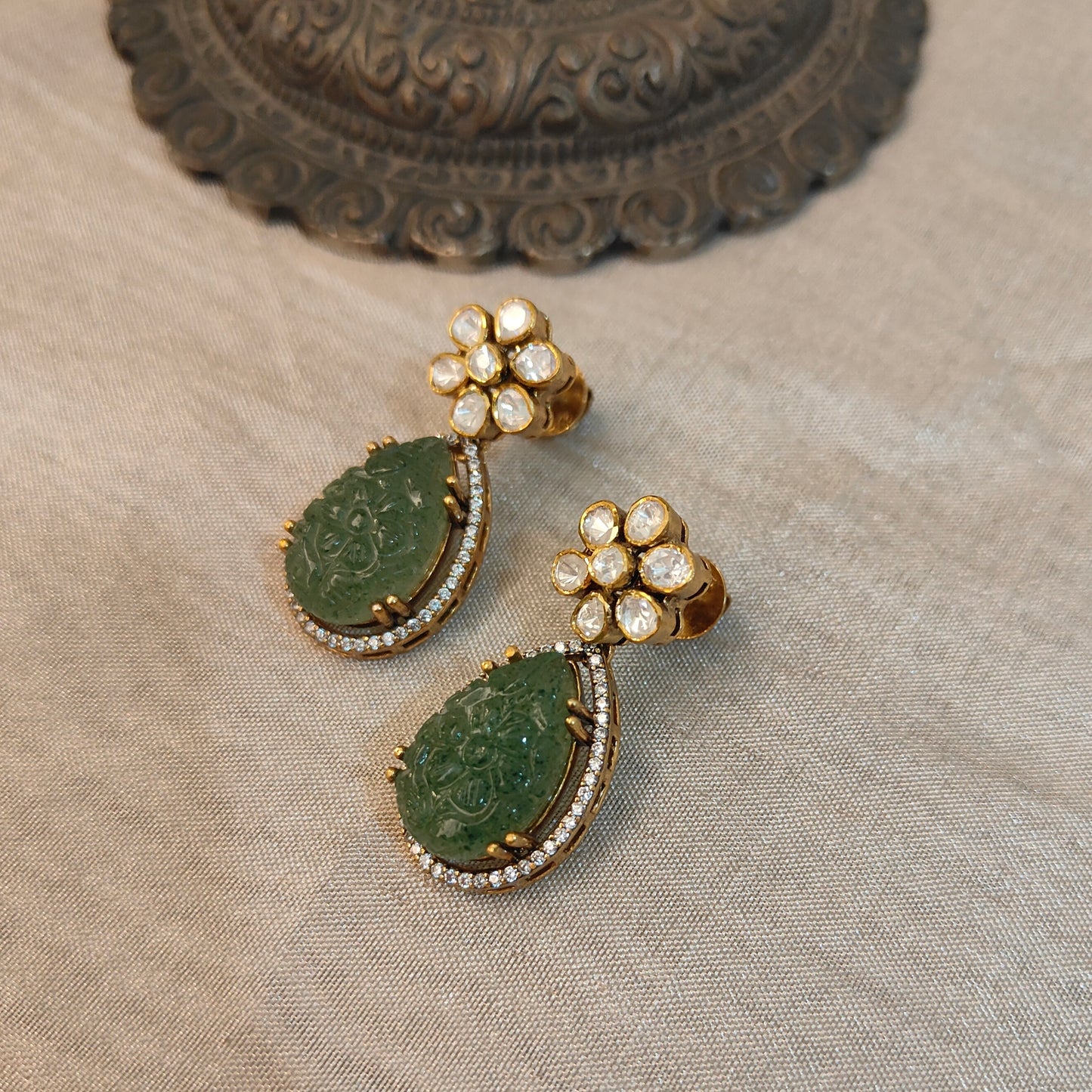 "Gold-plated Verdant Aura silver Earrings with carved green stones and moissanite floral cluster by Arka Jaipur, luxury handcrafted jewelry inspired by Mughal heritage"