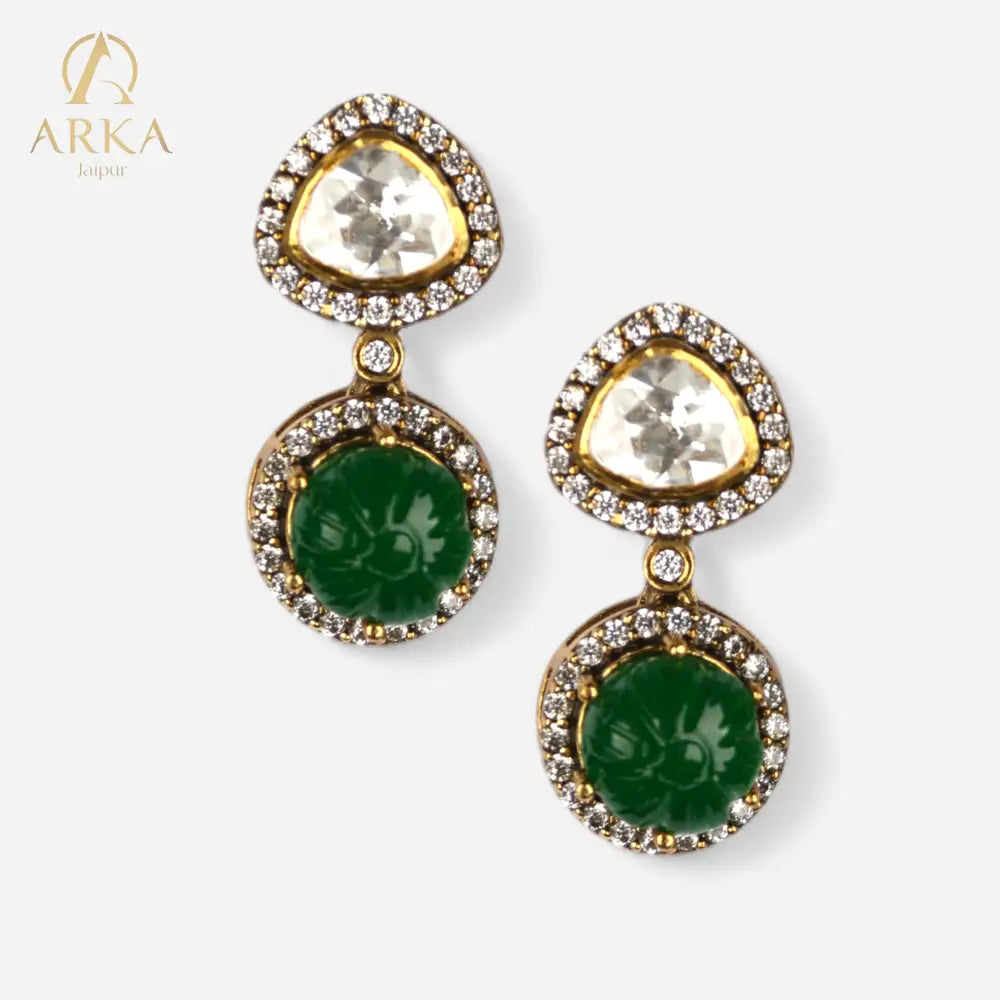 Arka Jaipur Emerald Dewdrop earrings with polki-style stones, carved green center, and gold-plated finish