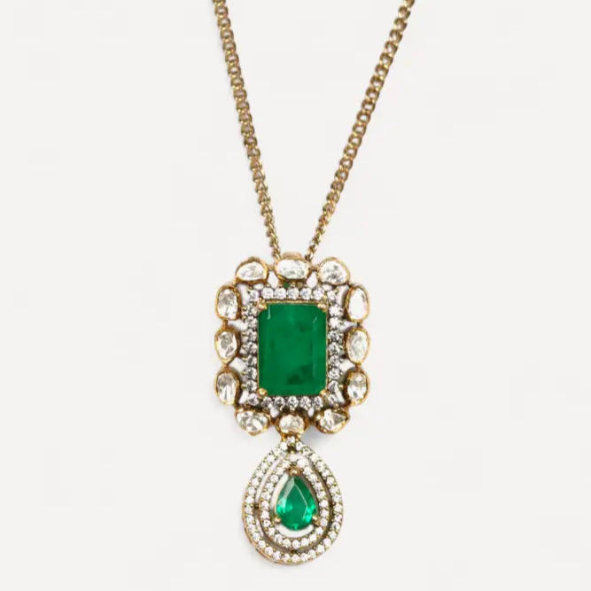 "Panna Vilas Pendant by Arka Jaipur — handcrafted gold-plated pendant with vibrant green gemstone and moissanite accents, inspired by royal heritage jewelry, perfect for weddings and festive occasions."