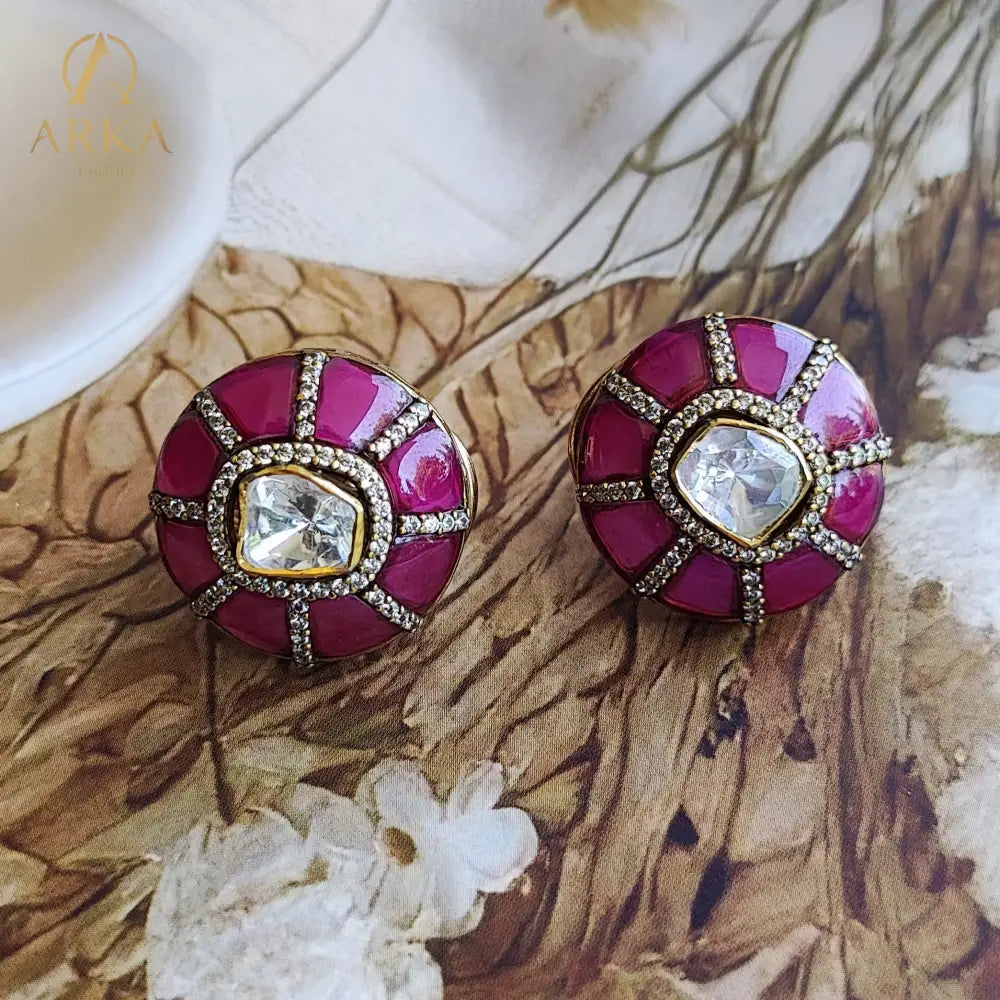 Title: Pink Aura Polki Stud Earrings | Arka Jaipur,Handcrafted pink aura Polki stud earrings in gold-polished silver with CZ detailing. Perfect for weddings, festive wear, and timeless everyday elegance.