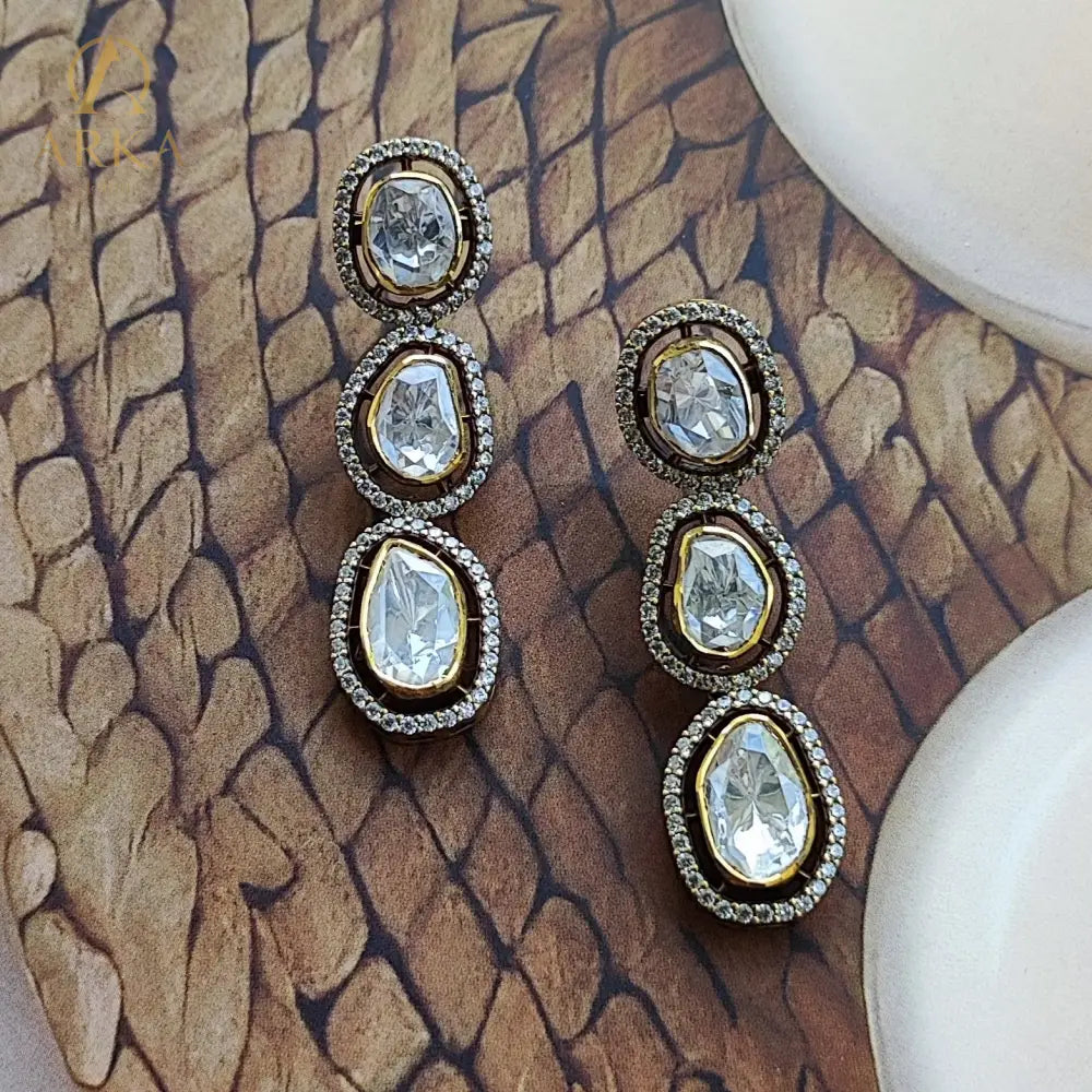 "Heritage inspired Kundan polki drop earrings with uncut stones and CZ halo by Arka Jaipur – handcrafted gold-plated statement jewelry for weddings and festive wear"