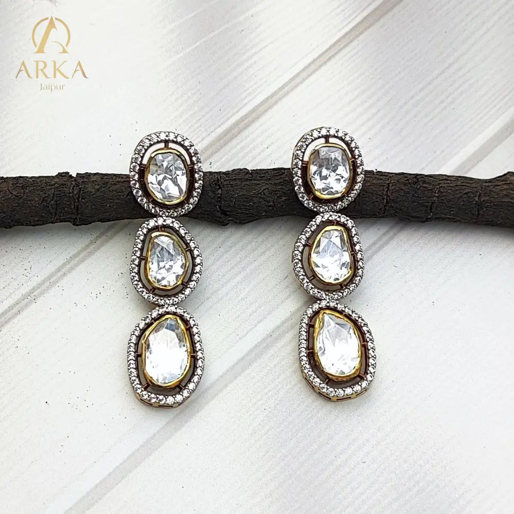 "Heritage inspired Kundan polki drop earrings with uncut stones and CZ halo by Arka Jaipur – handcrafted gold-plated statement jewelry for weddings and festive wear"