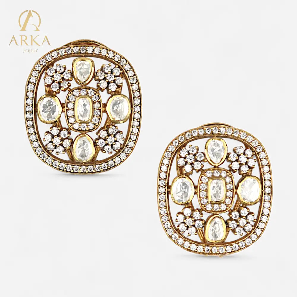 Arka Jaipur Stardust Dreams gold-plated stud earrings with kundan-style polki stones and intricate floral detailing for Indian festive wear