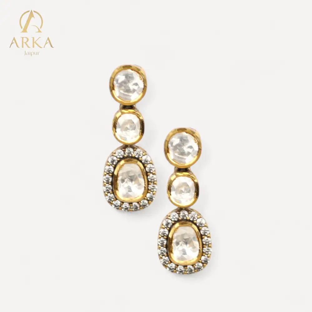 Taarini Earrings by ARKA JAIPUR – handcrafted gold-plated sterling silver drop earrings featuring moissanite and polki-style stones, perfect for bridal and festive wear.