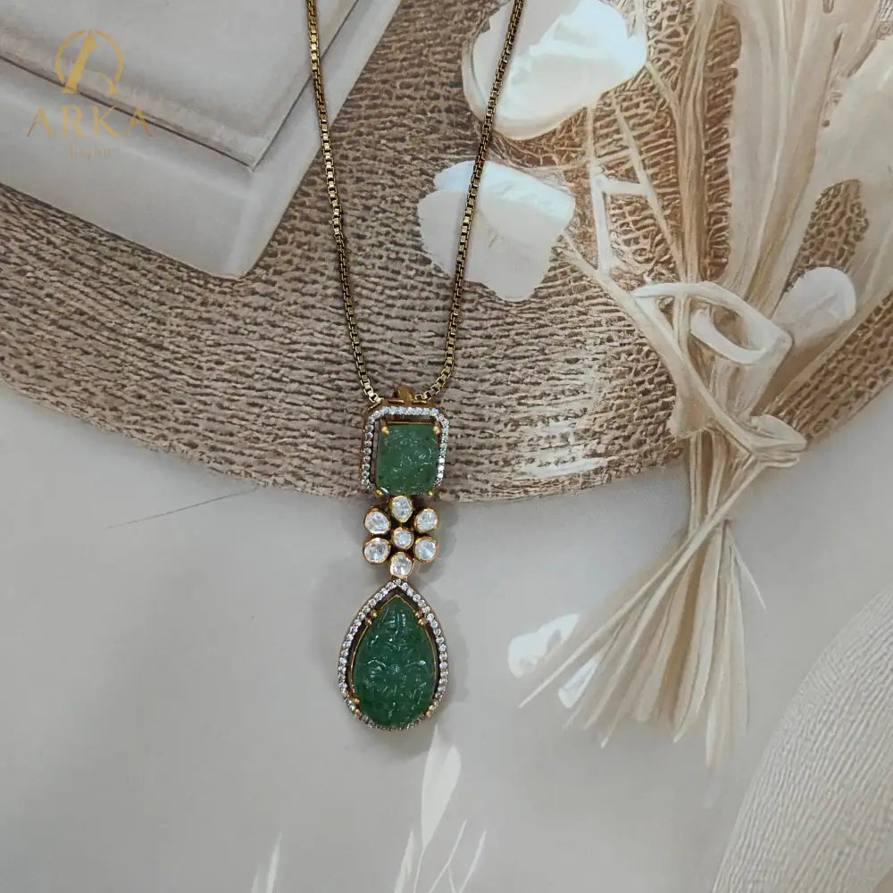"Gold-plated Verdant Aura silver pendant with carved green stones and moissanite floral cluster by Arka Jaipur, luxury handcrafted jewelry inspired by Mughal heritage"