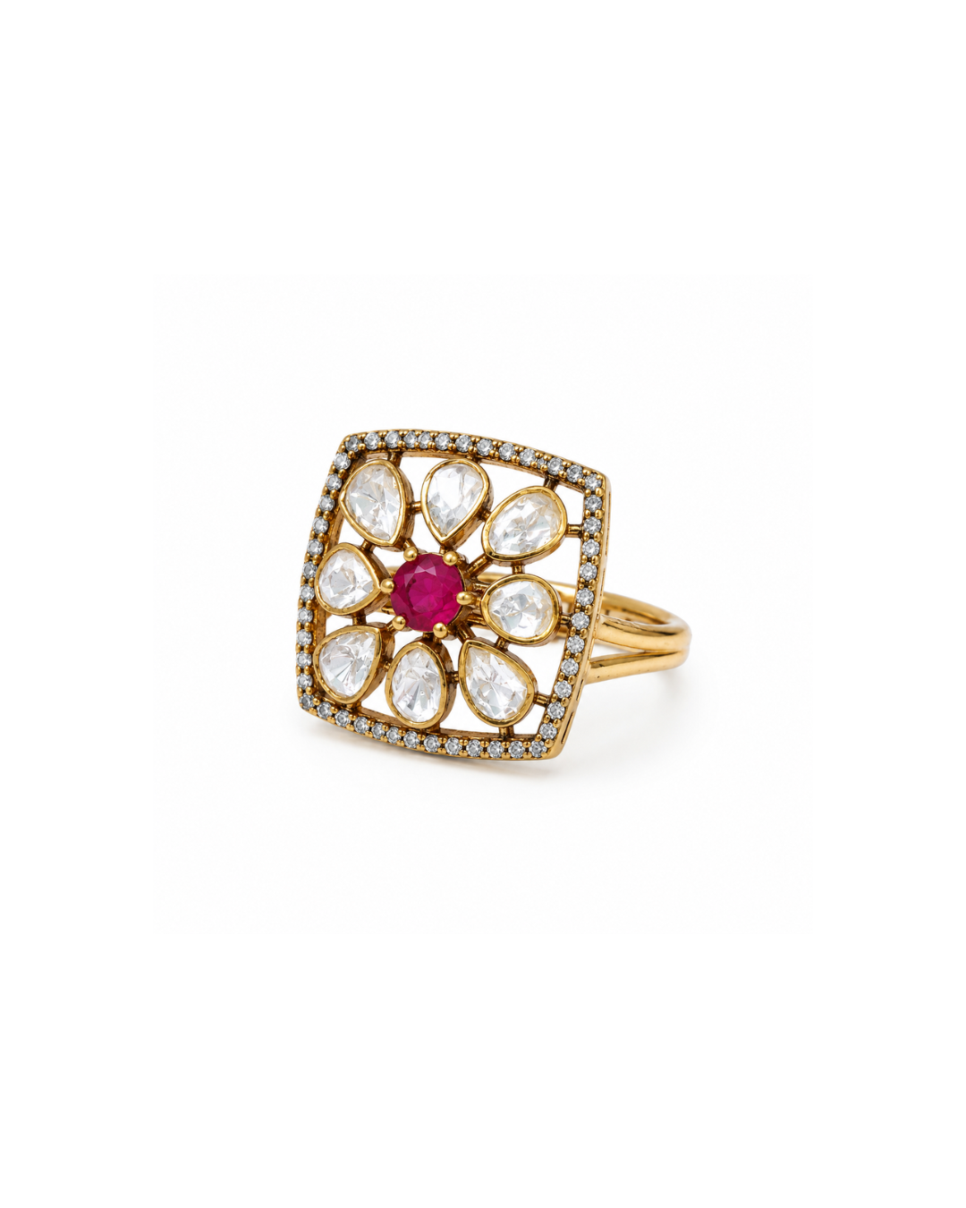 Floral statement ring with ruby pink center stone and moissanite polki stones by Arka Jaipur
