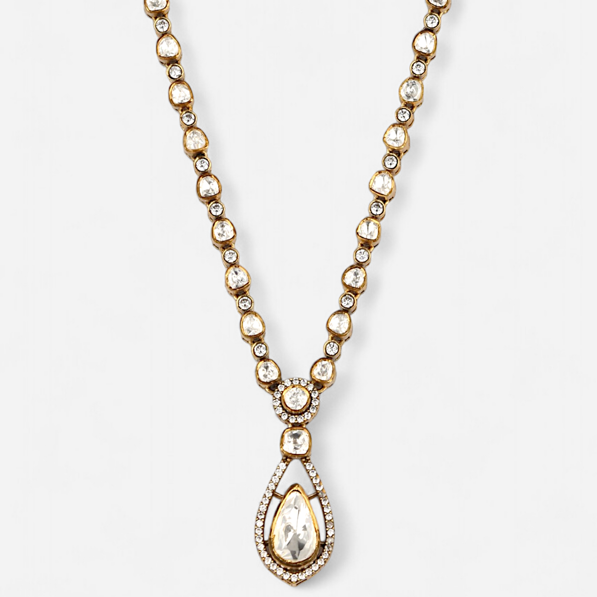 Arka Jaipur Dewdrop necklace with pear-shaped polki pendant and moissanite-studded gold-plated chain