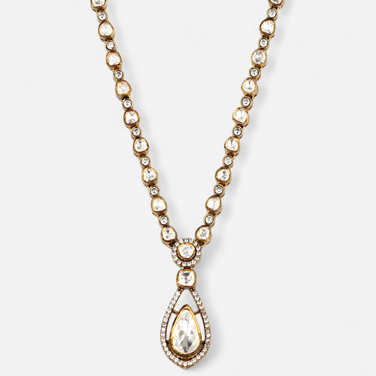 Arka Jaipur Dewdrop necklace with pear-shaped polki pendant and moissanite-studded gold-plated chain