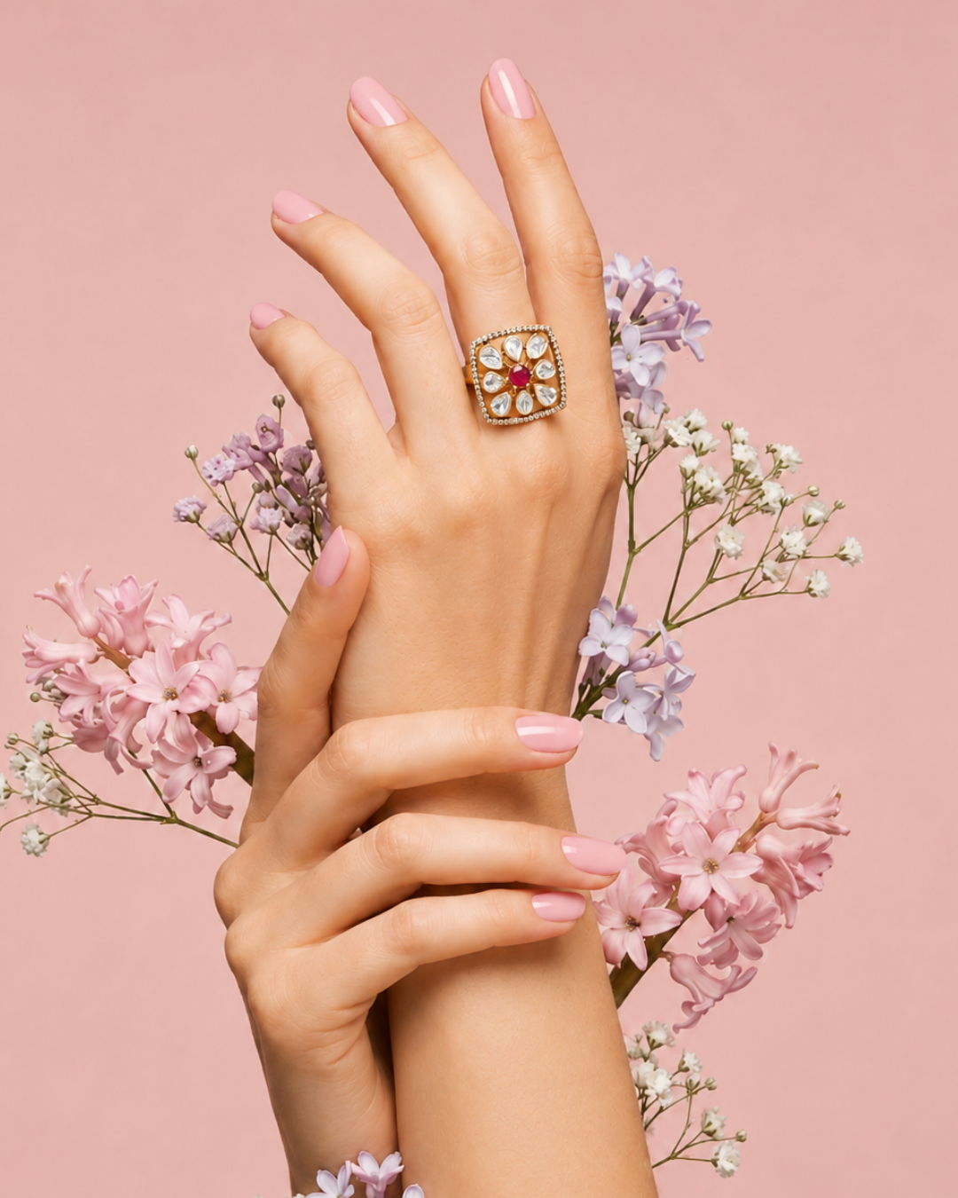 Floral statement ring with ruby pink center stone and moissanite polki stones by Arka Jaipur