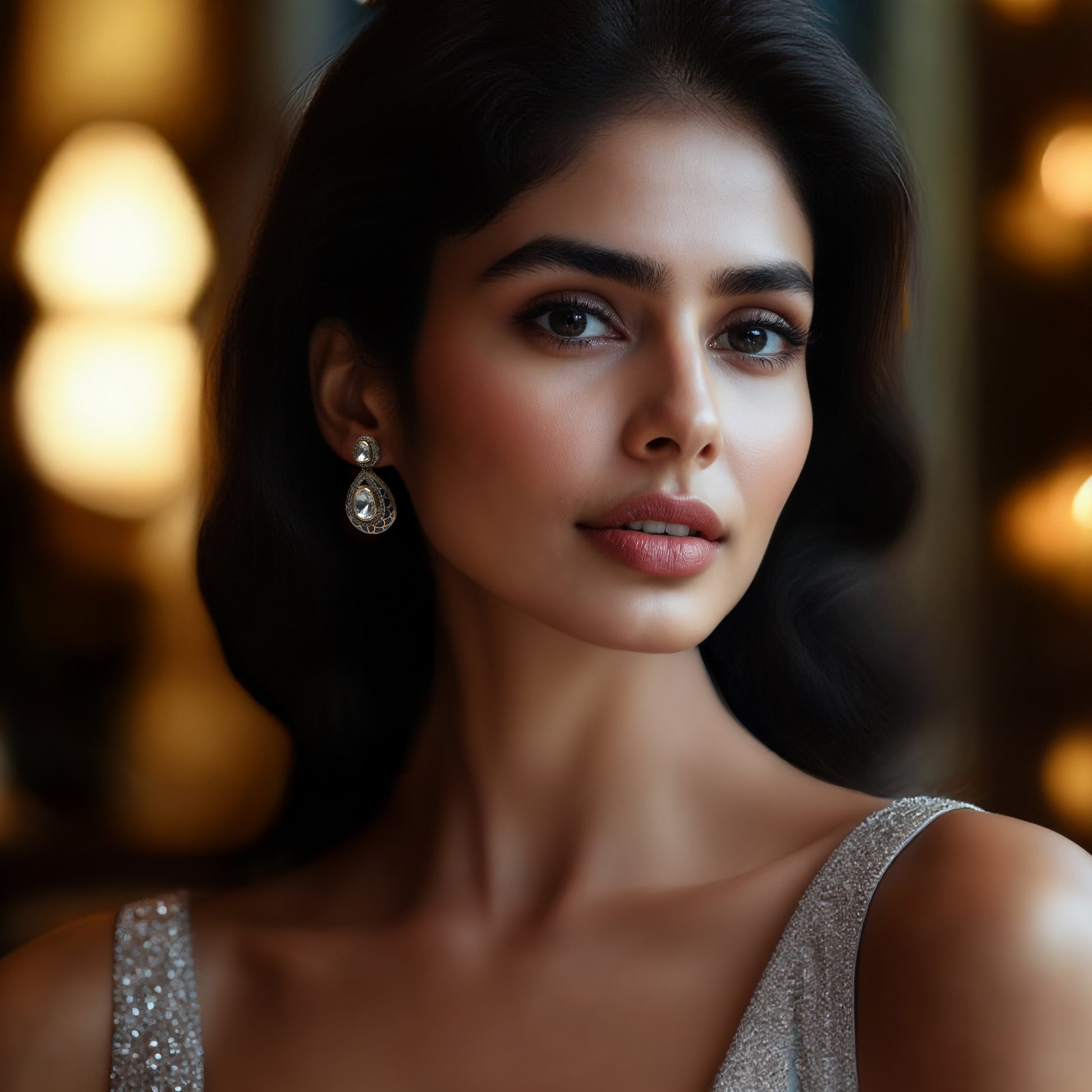 Midnight Treasure earrings by Arka Jaipur – teardrop-shaped moissanite earrings with navy blue enamel, gold latticework, and stone halo.