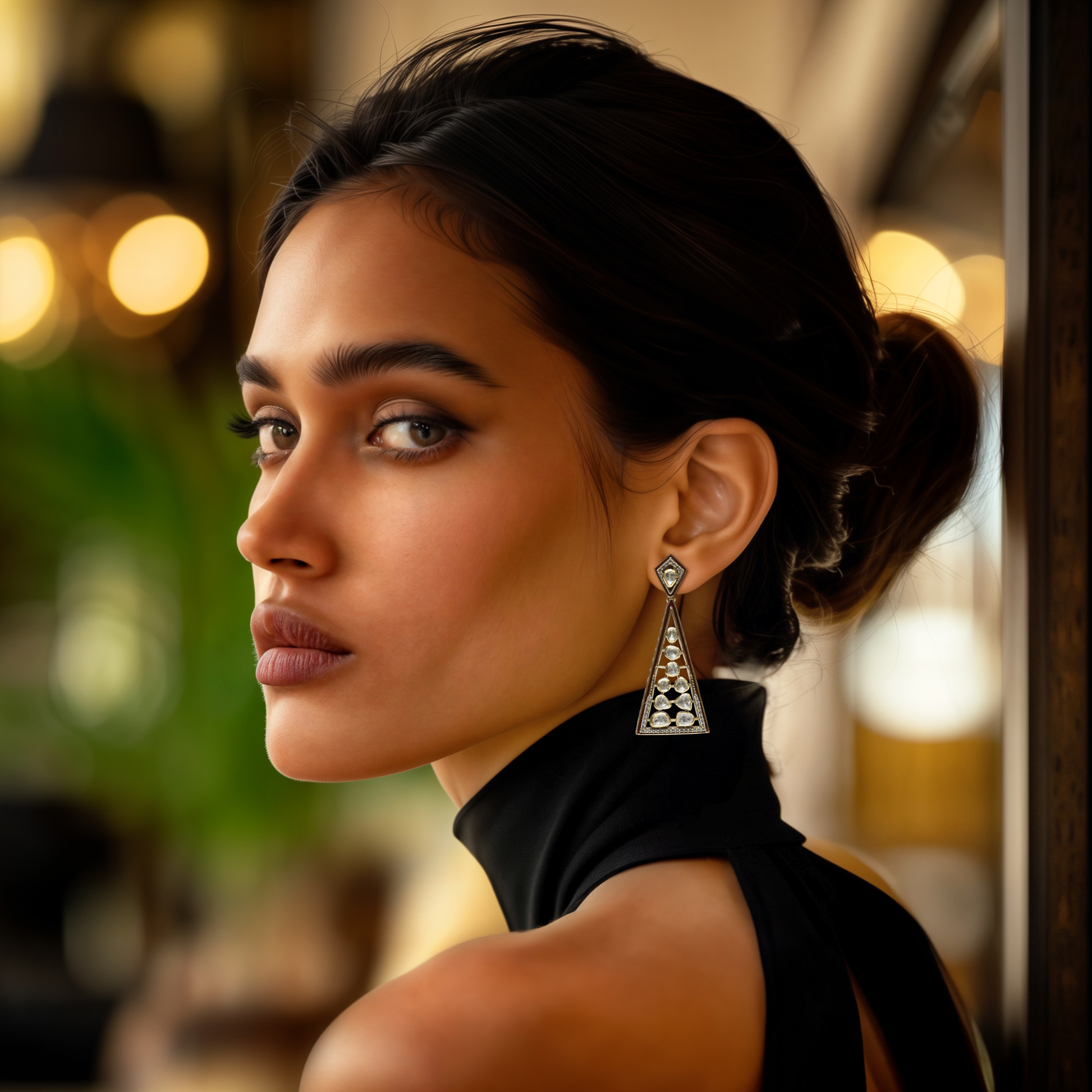Geometric Grace earrings by Arka Jaipur – triangular moissanite-studded silver earrings with gold and enamel detailing.