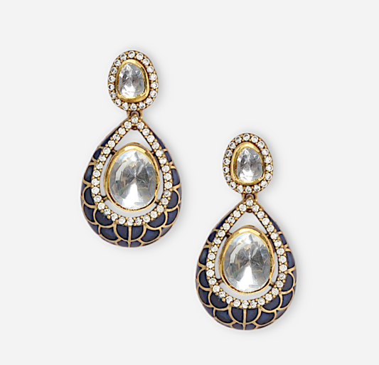 Midnight Treasure earrings by Arka Jaipur – teardrop-shaped moissanite earrings with navy blue enamel, gold latticework, and stone halo.