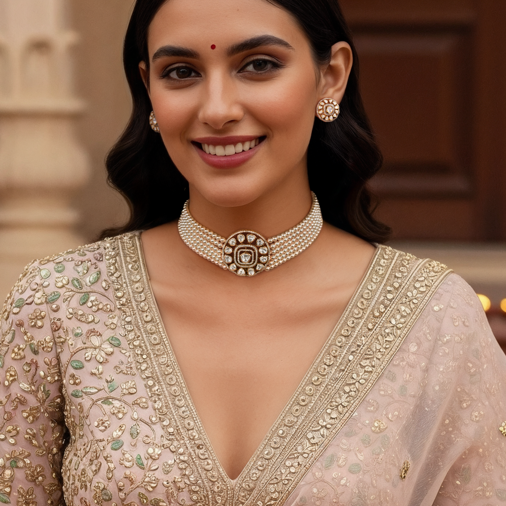 “Elegant handcrafted Maharani Luxe pearl choker necklace with round Kundan Polki centerpiece and layered pearl strands by Arka Jaipur — luxury silver jewelry with royal charm. 