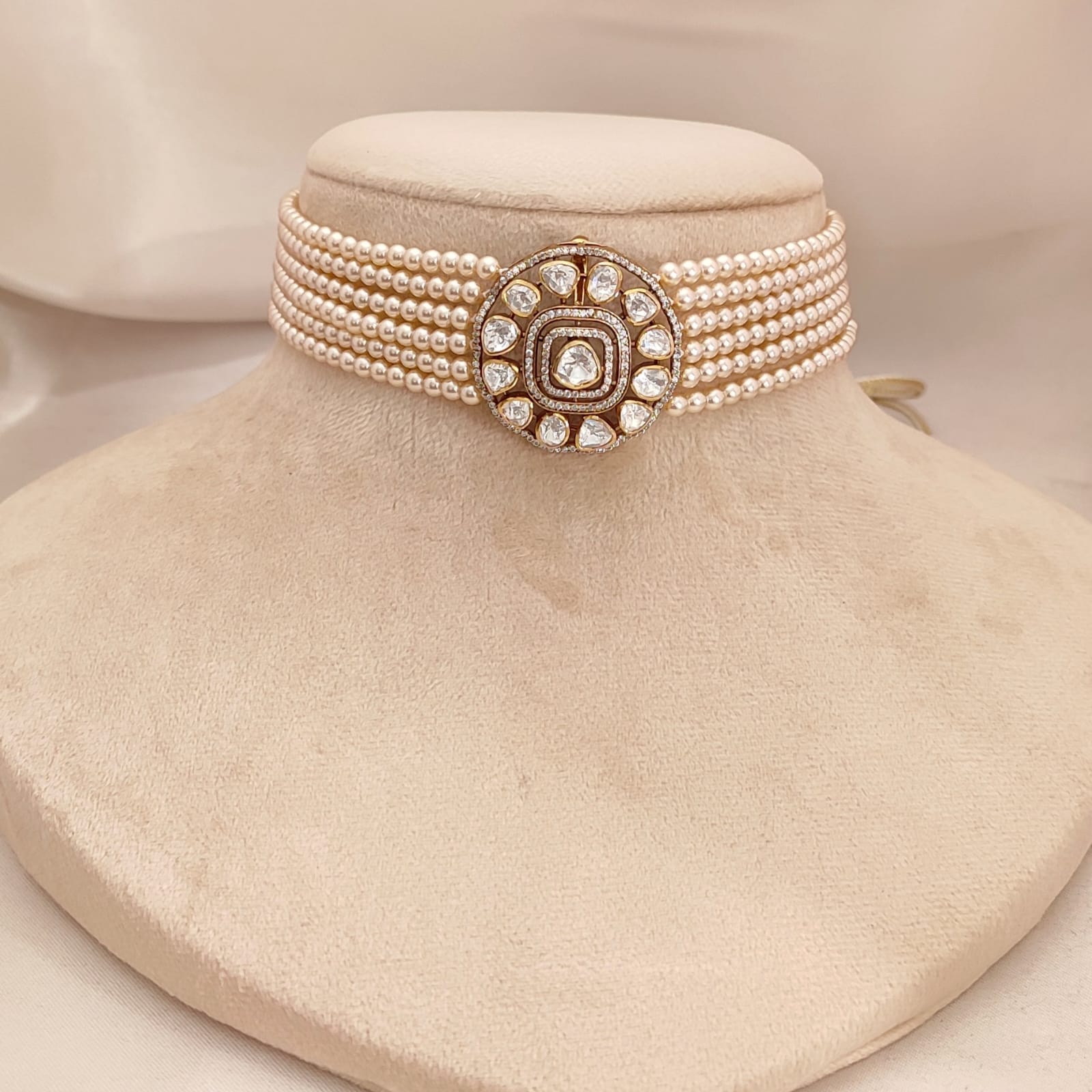 “Elegant handcrafted Maharani Luxe pearl choker necklace with round Kundan Polki centerpiece and layered pearl strands by Arka Jaipur — luxury silver jewelry with royal charm. 