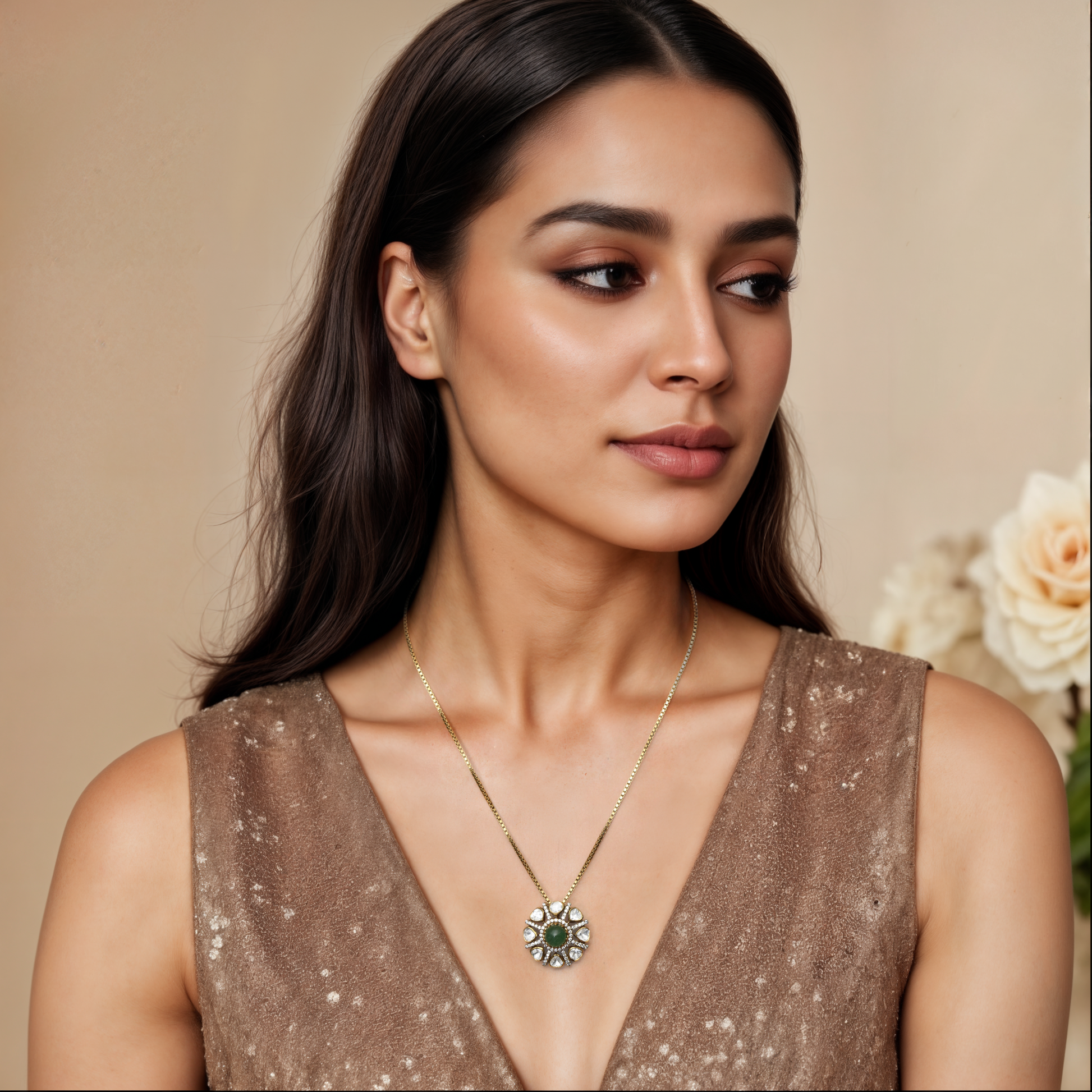 Emerald Sunburst Pendant by Arka Jaipur, handcrafted 925 sterling silver jewelry with central green emerald and surrounding polki stones on gold finish chain.
