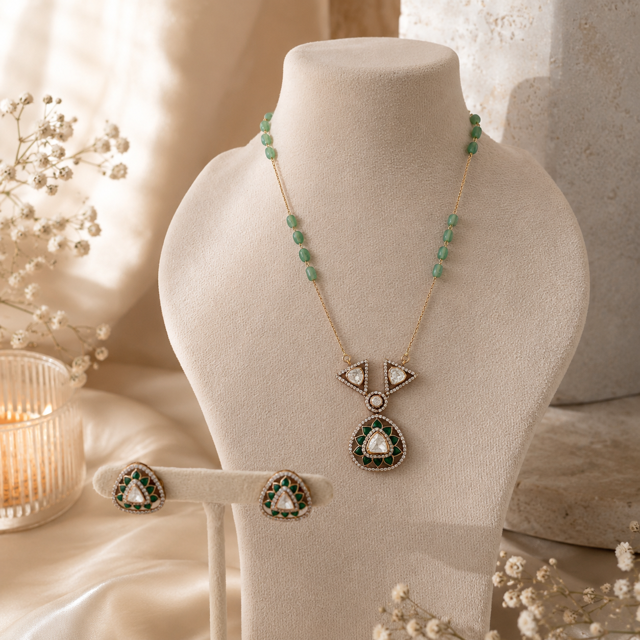 Emerald green polki pendant set with matching stud earrings in sterling silver by Arka Jaipur