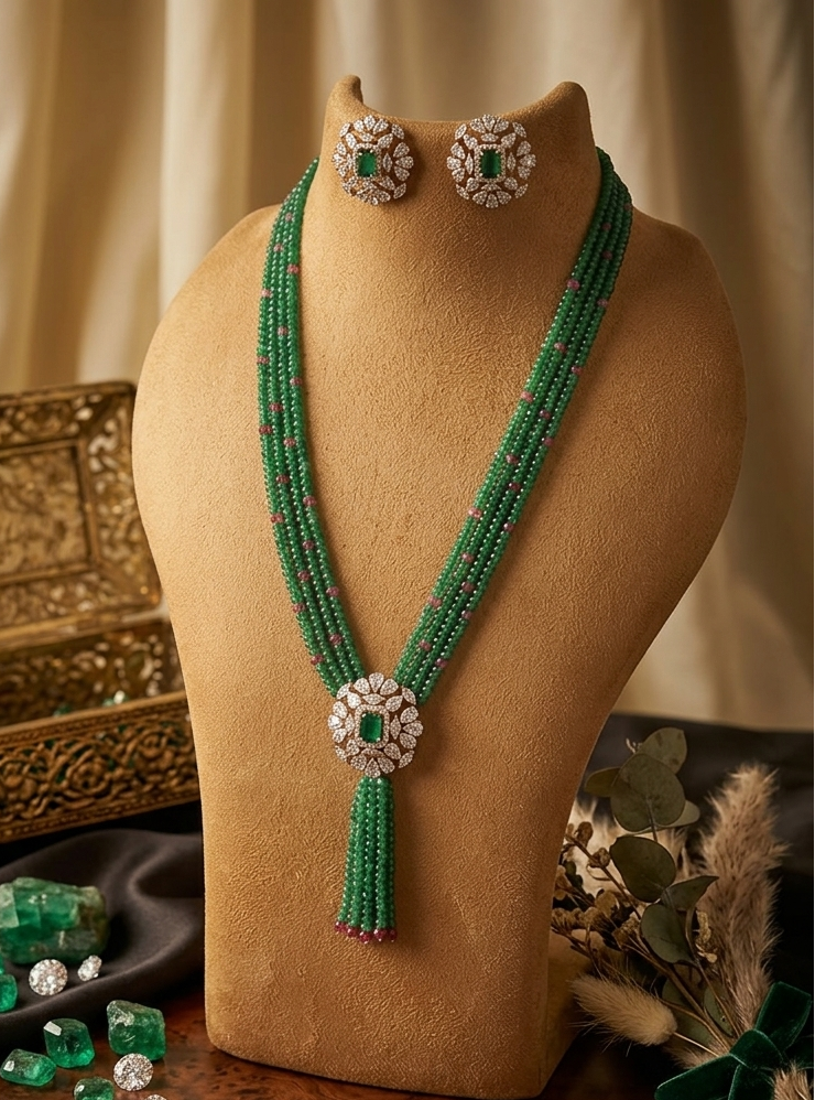 Empress Tassel Necklace Set - Emerald Green Beaded Multi-Strand Set with Floral Polki Accents by Arka Jaipur