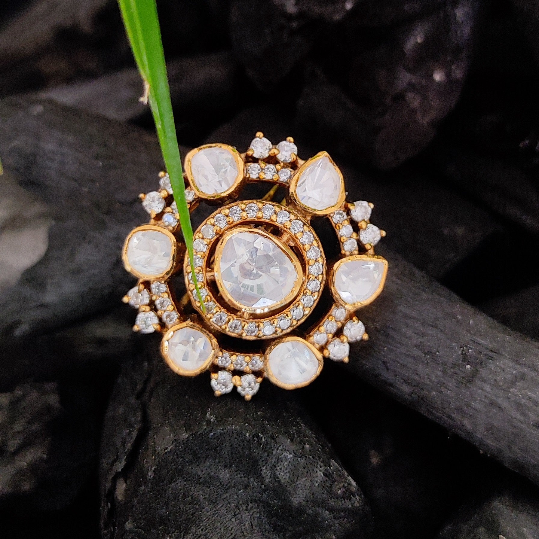 “Eternal Blossom Ring by Arka Jaipur featuring uncut Polki stones, teardrop centre, crystal halo, and gold-tone floral design "
