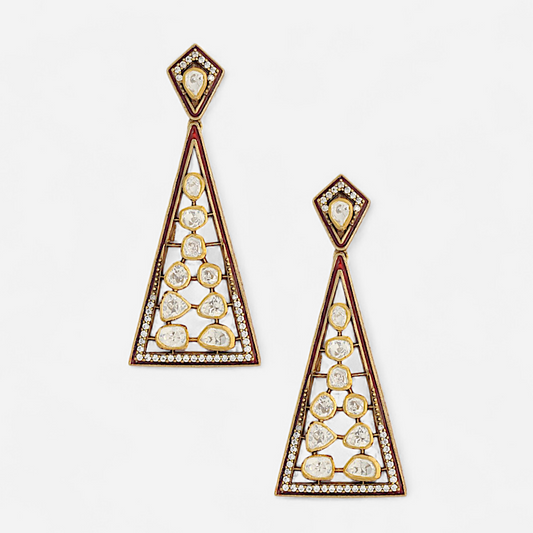 Geometric Grace earrings by Arka Jaipur – triangular moissanite-studded silver earrings with gold and enamel detailing
