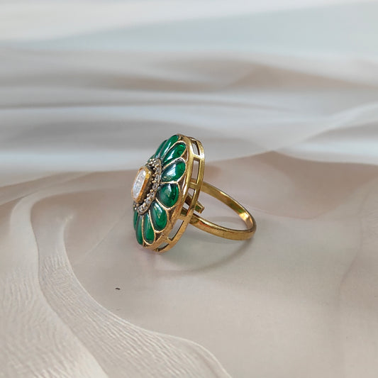 Green enamel floral Gulnar Ring with Polki center stone and crystal halo, set in gold-tone finish in 925 sterling silver, handcrafted traditional design by Arka Jaipur.