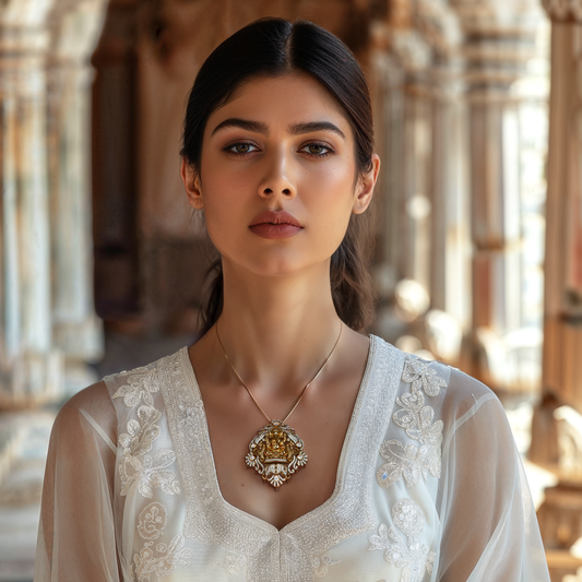 Discover the Iraj Pendant by Arka Jaipur – a handcrafted masterpiece in gold-plated 925 silver featuring Lord Ganesha, adorned with moissanite and kundan stones. A divine blend of tradition and elegance, perfect for festive and bridal occasions.