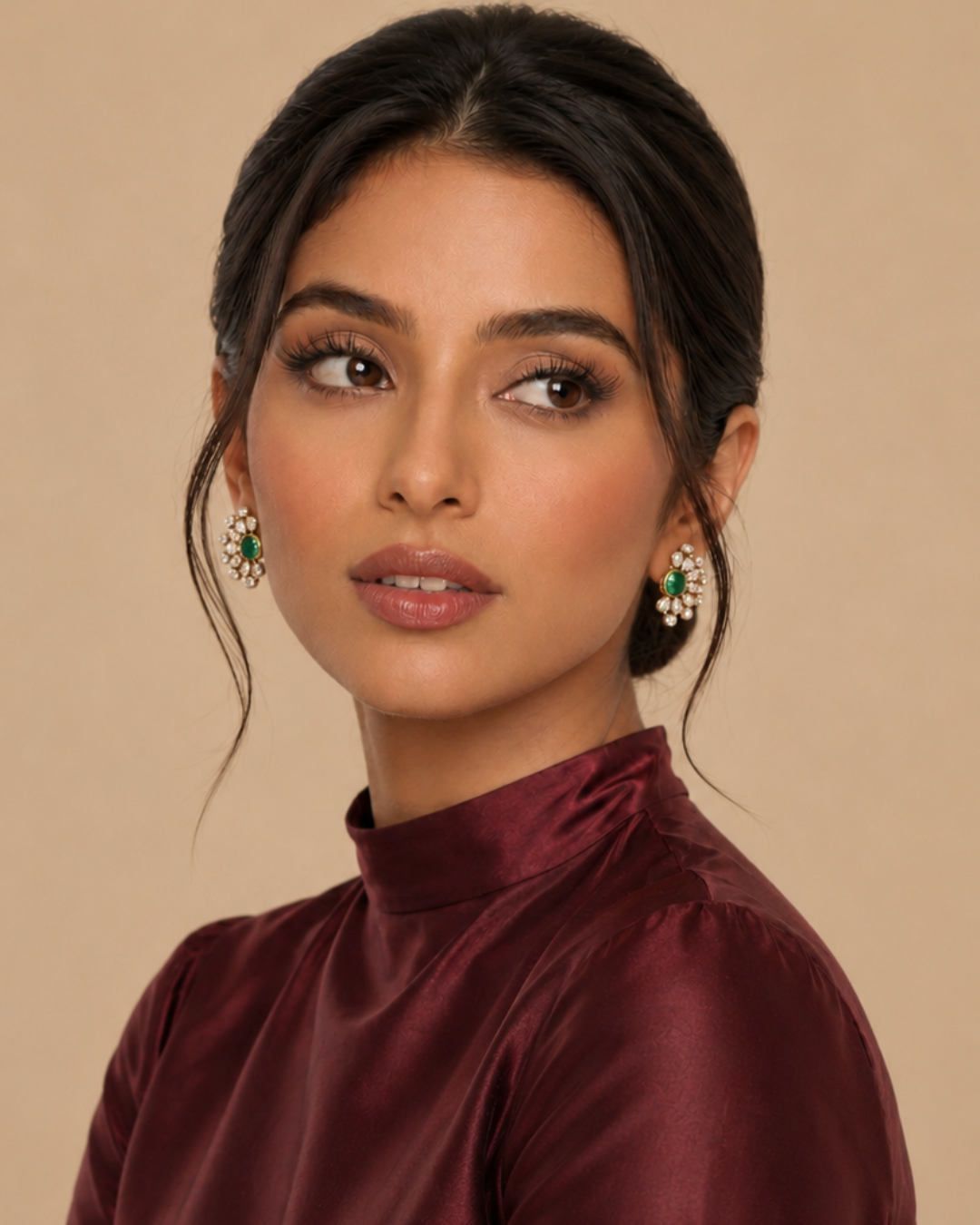 Contemporary green statement stud earrings with moissanite polki petal detailing and gold finish, elegant modern jewelry for women by Arka Jaipur