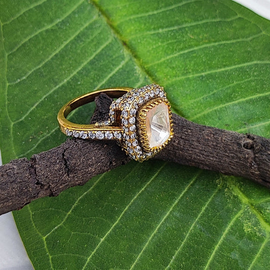 Luminara-Ring Gold  plated ring in sterling silver with a diamond on a green leaf by Arka Jaipur