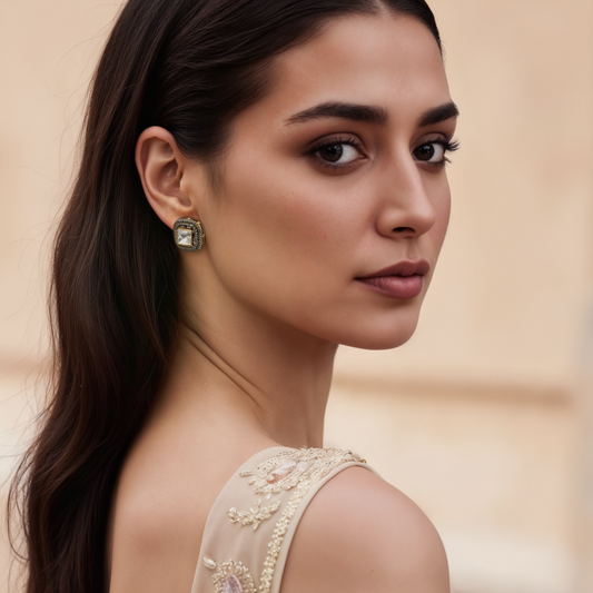 Luminous Halo Earrings by Arka Jaipur – cushion-cut moissanite studs with double halo in gold-plated silver
